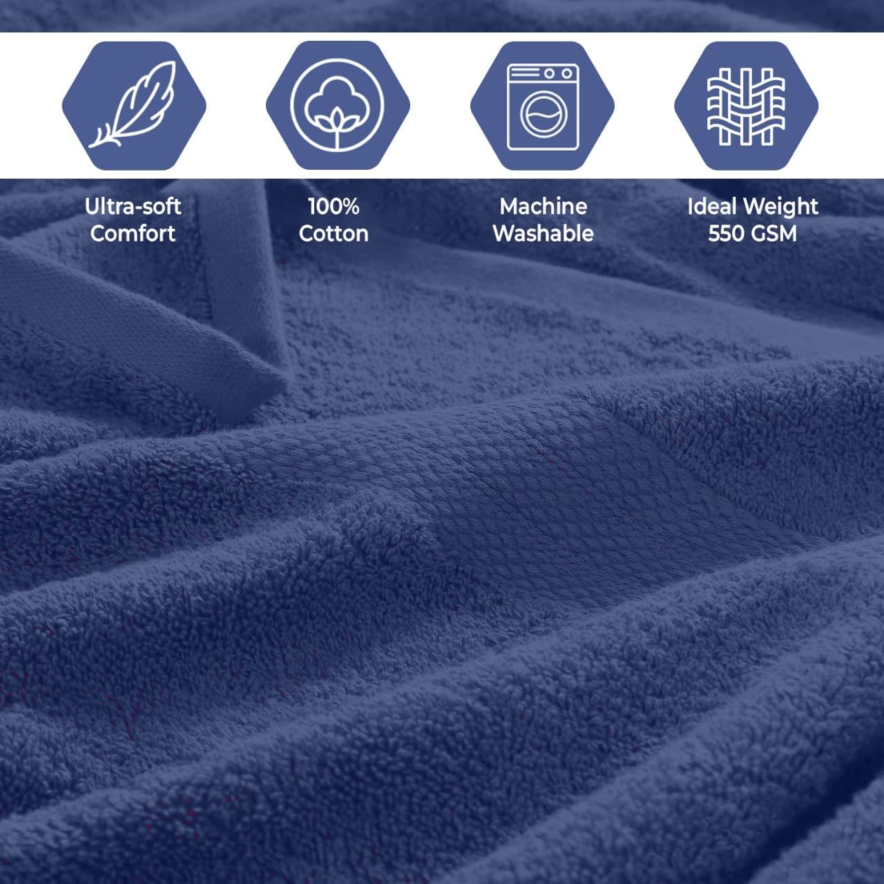 QUBA LINEN Pack of 8 Towels Set, 2 Large Bath Towels, 2 Hand Towels, 4 Wash Cloths, 100% Cotton, Lighter Weight, Quicker to Dry, Super Absorbent, Perfect for Bathroom (Navy)