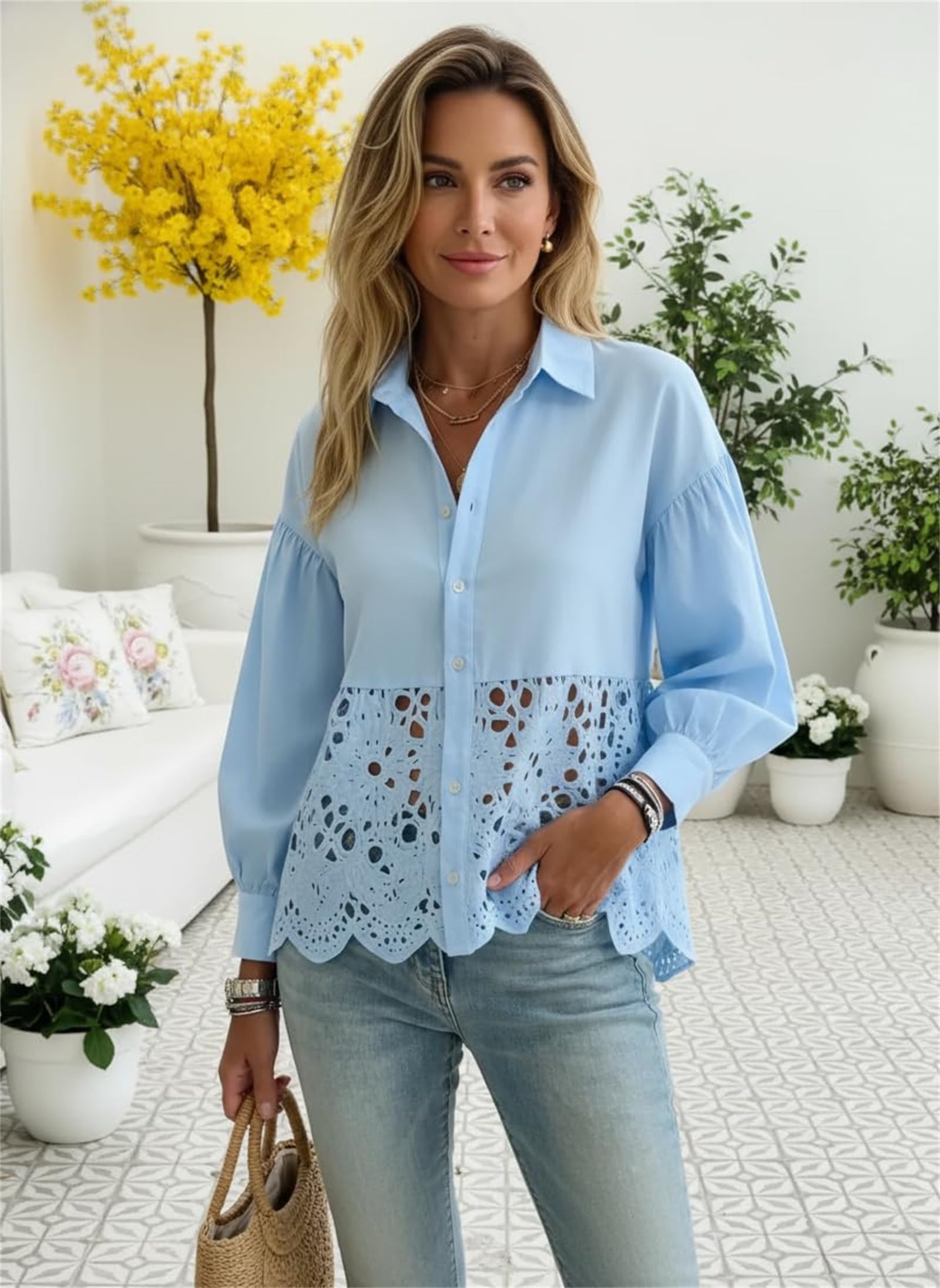 Blusa de encaje bohemio con botones y mangas de globo para mujer, estilo bohemio, informal, para el trabajo, vacaciones, fines de semana, vida diaria