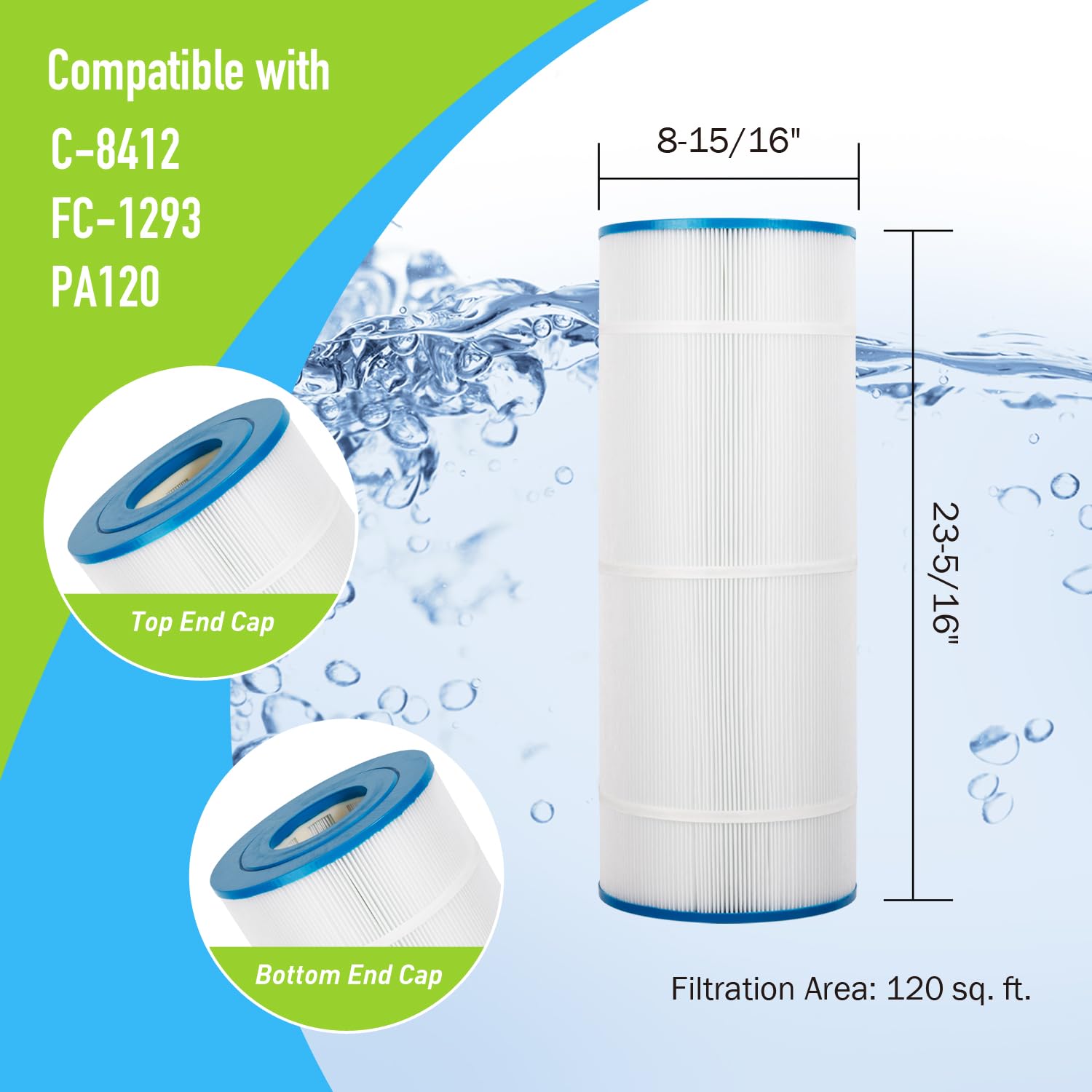BLUEFLO Pool Filter Cartridge Replacement for Unicel C-8412, Hayward C1200, CX1200RE, Filbur FC-1293, PA120, 23-5/16” x 8-15/16”, Pack of 1