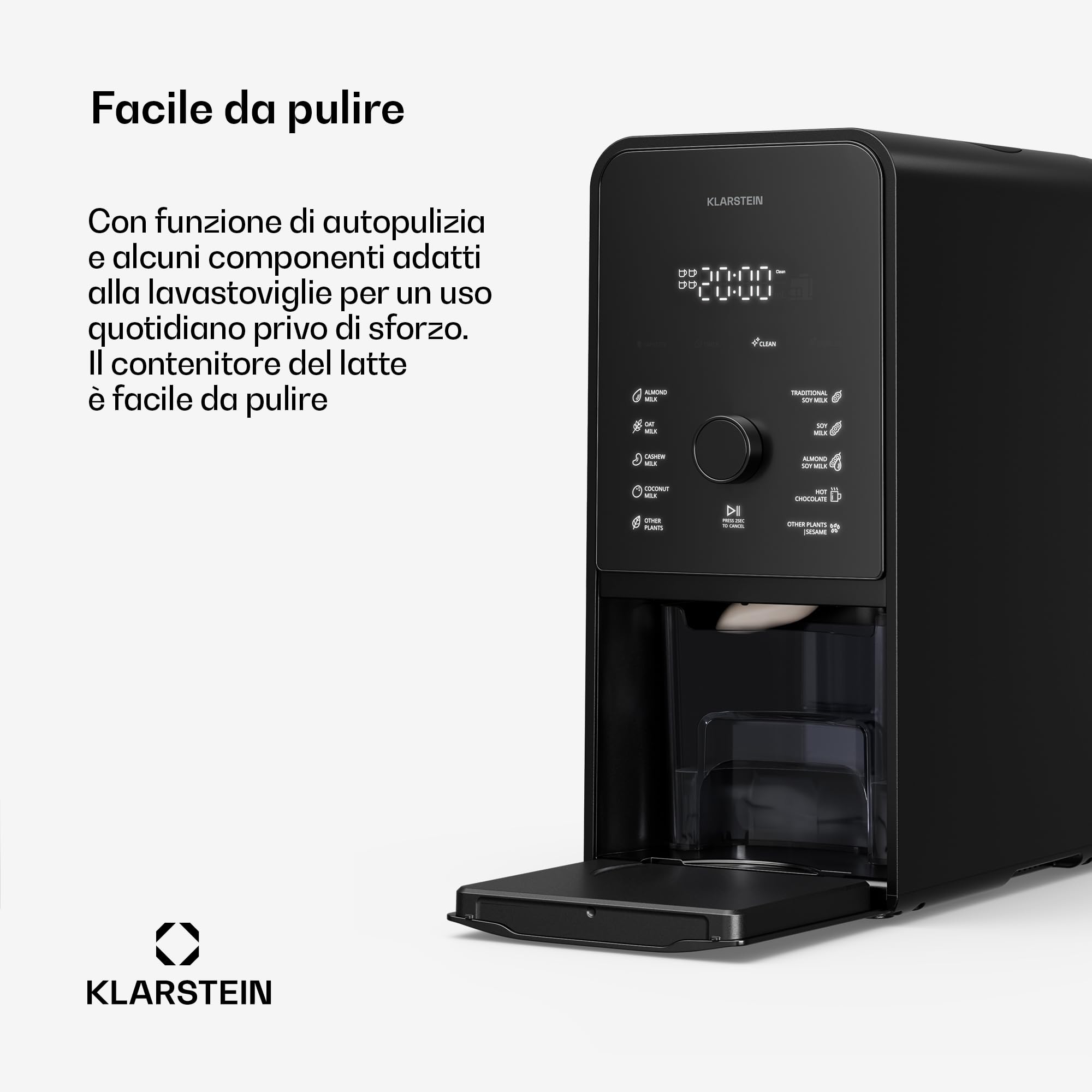 Klarstein Marcia Touch Macchina per il Latte Vegetale, 1200W, 12 Programmi, Autopulente, Display LCD, Brocca 1.2L Acciaio, per Latte di Mandorle, Avena & Noci