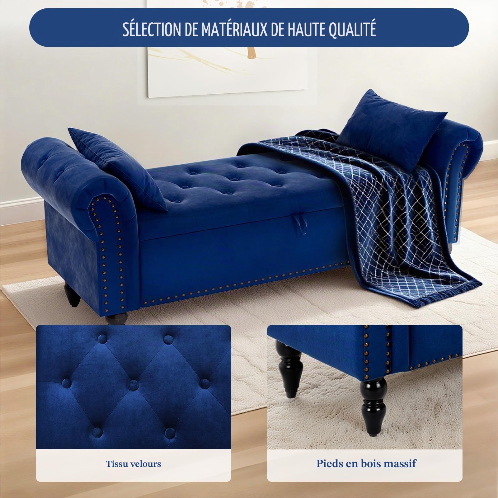 Clevich Banc de Rangement 133 cm avec Vérin à Gaz, Bleu