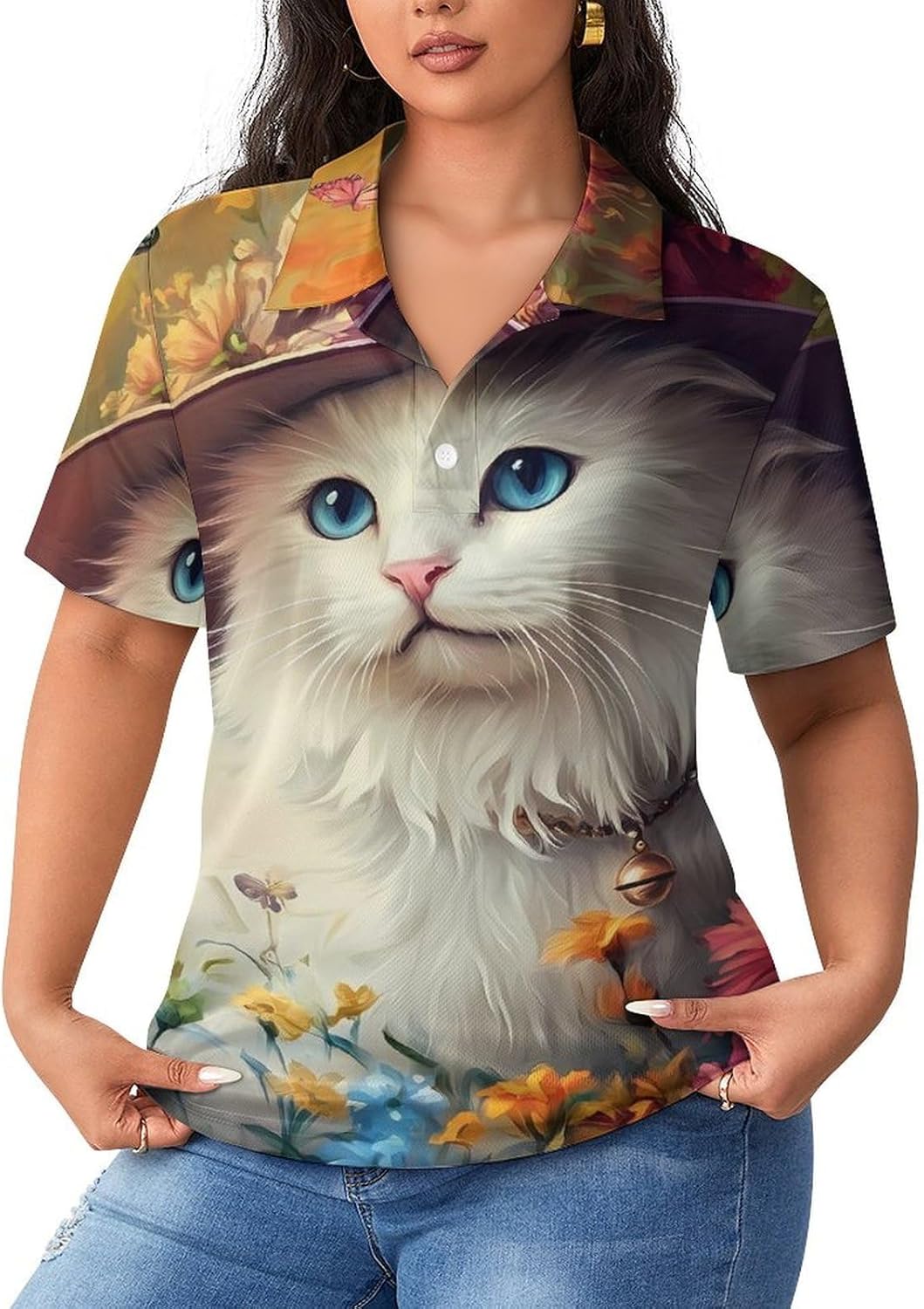 White Cat Womens Golf Polo Shirts Summer Short Sleeve Collared 3 Buttons T Shirt Activewear Tops