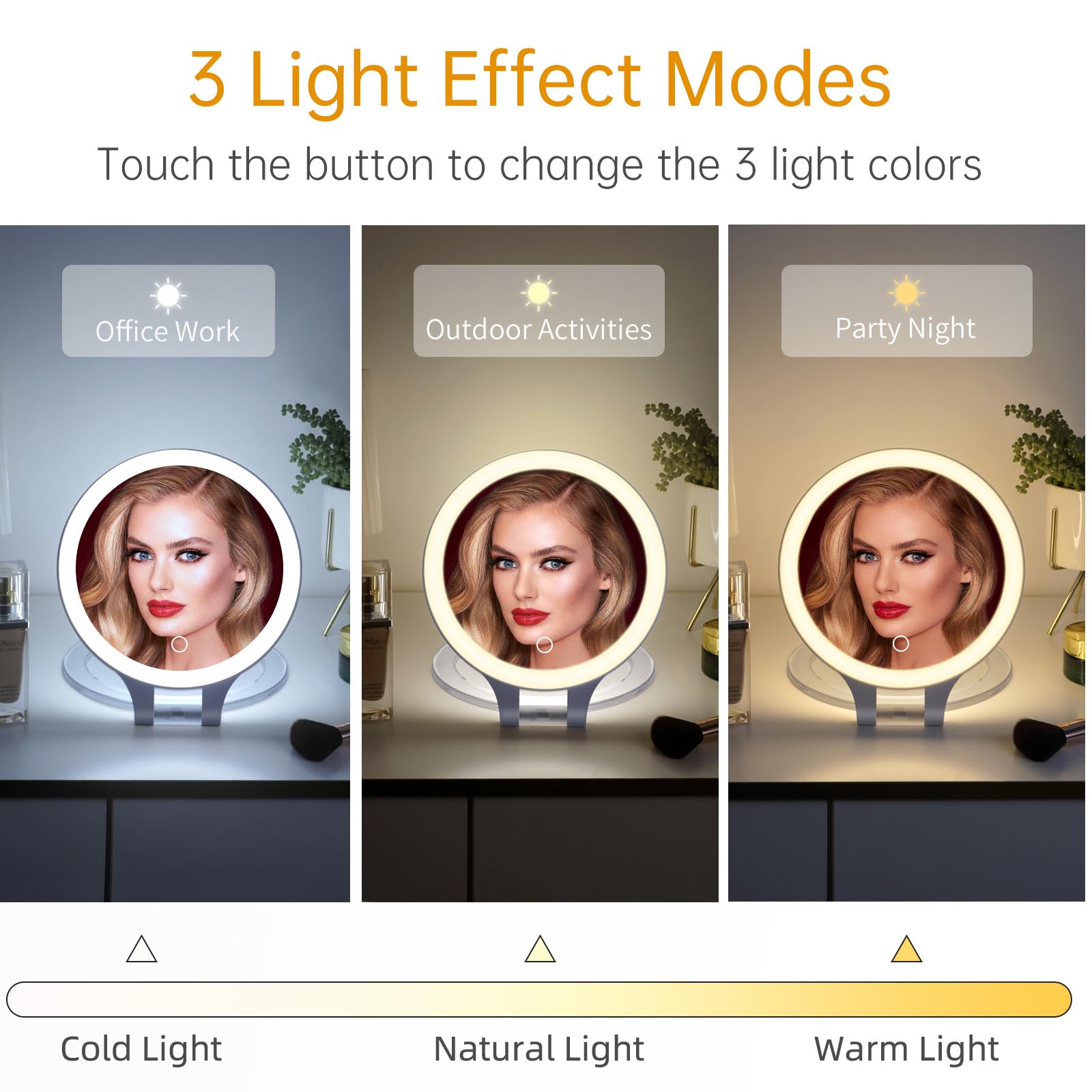 Miroir Maquillage Lumineux 10X/1X - 3 Lumières LED - Pliable Et Rechargeable - Noir