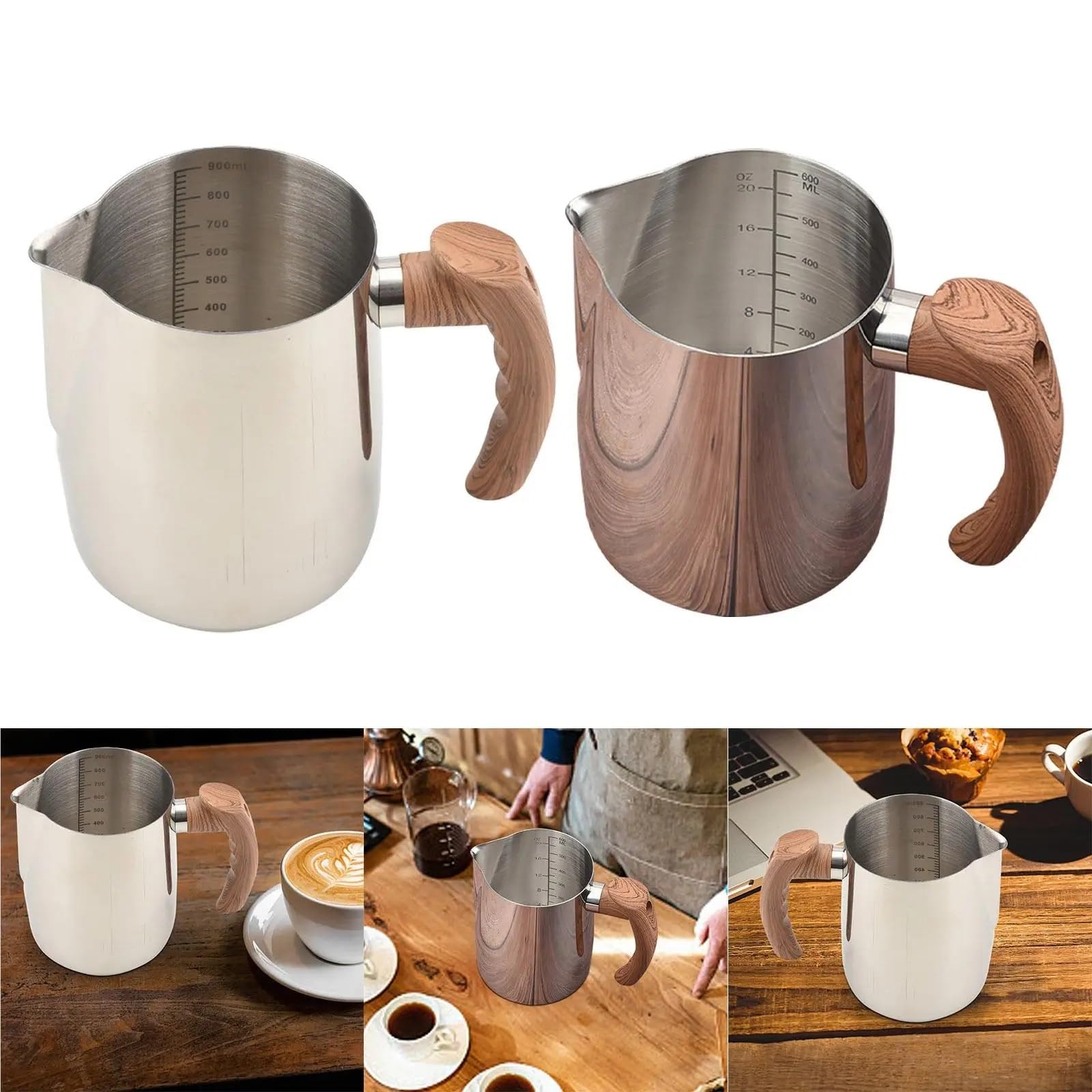 Taza for espumar leche con mango de madera, taza de vapor Barista de acero inoxidable, jarra for espumar leche, cafetera for fiesta, vacaciones, casa, 2 uds. Para café(Silver,600ml)