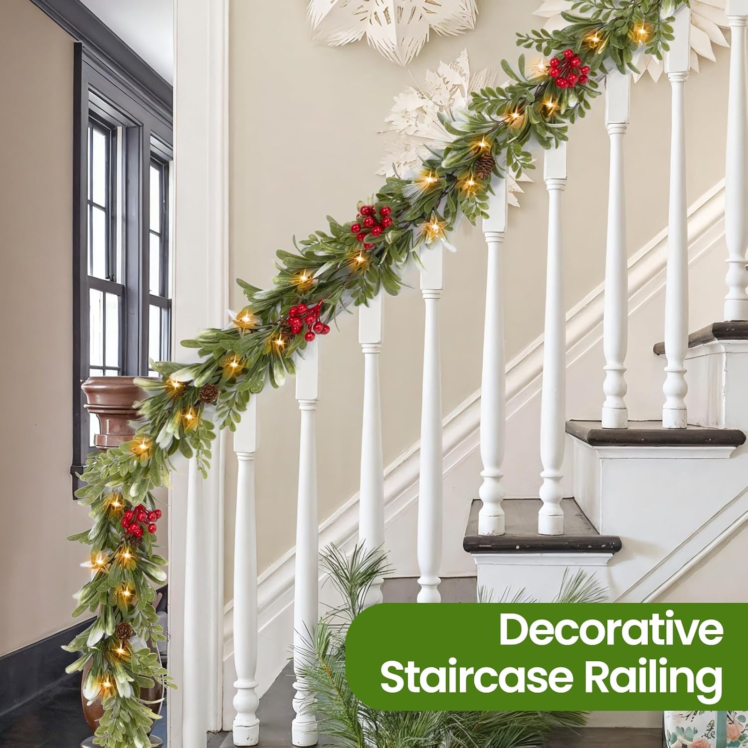 6.5FT Christmas Garland with Lights & Timer, 30 LED Pre-lit Greenery Olive Garland with Red Berry Pinecone, Battery Operated Lighted Garland for Fireplace Mantle Door Stairs Table Christmas Decoration - Image 9