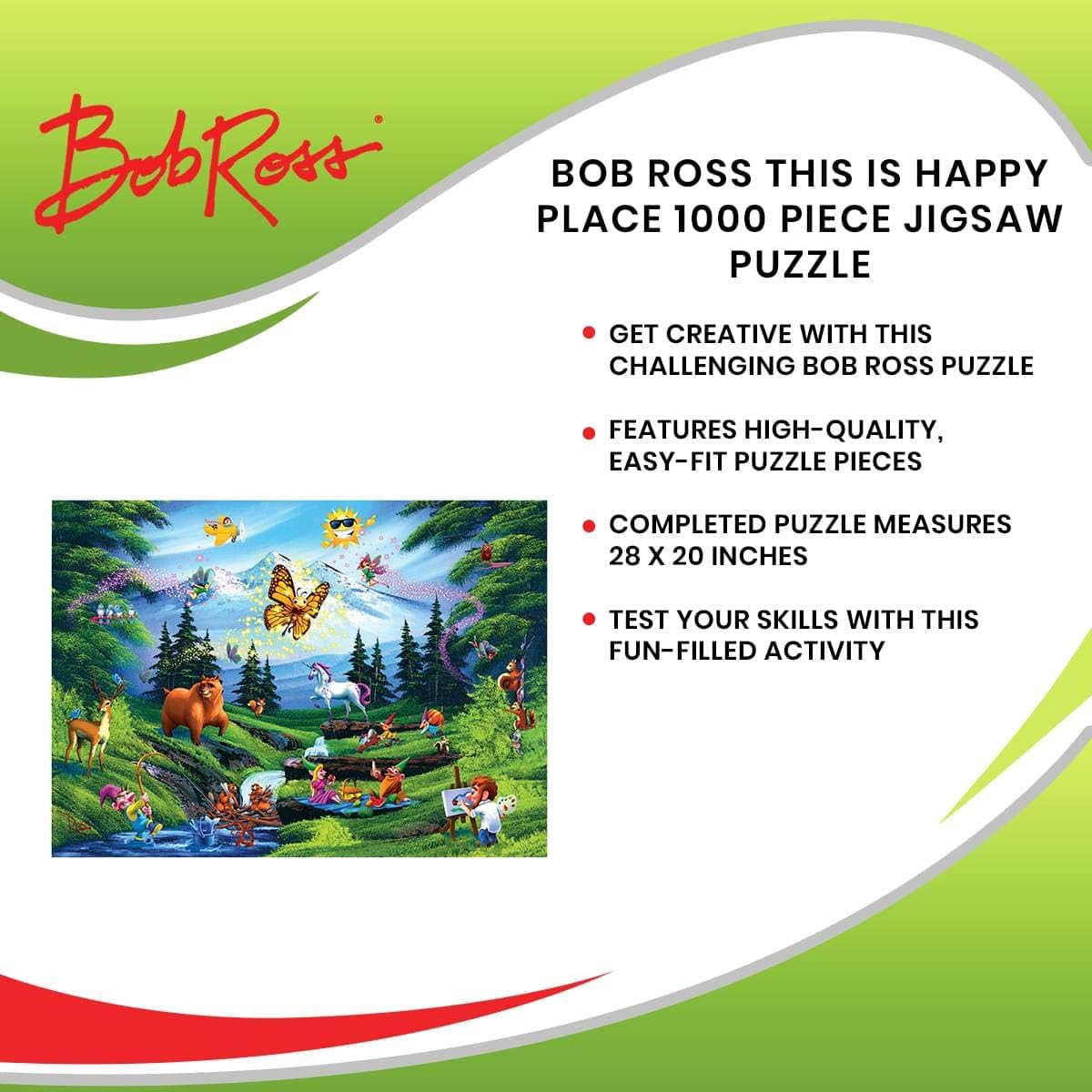 Toynk Bob Ross This is Happy Place Puzzle for Adults and Kids | 1000 Piece Jigsaw Puzzle Toy | Interactive Brain Teaser for Family Game Night | 28 x 20 Inches
