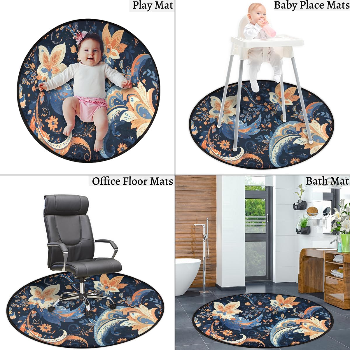 3 Ft Round Area Rug Abstract Colorful Paisley Small Washable Non-Slip Circle Mat Absorbent Floor Carpet Indoor Ntryway Circular Rug for Kitchen Living Room Bedroom Bathroom Kids Nursery Sofa Decor