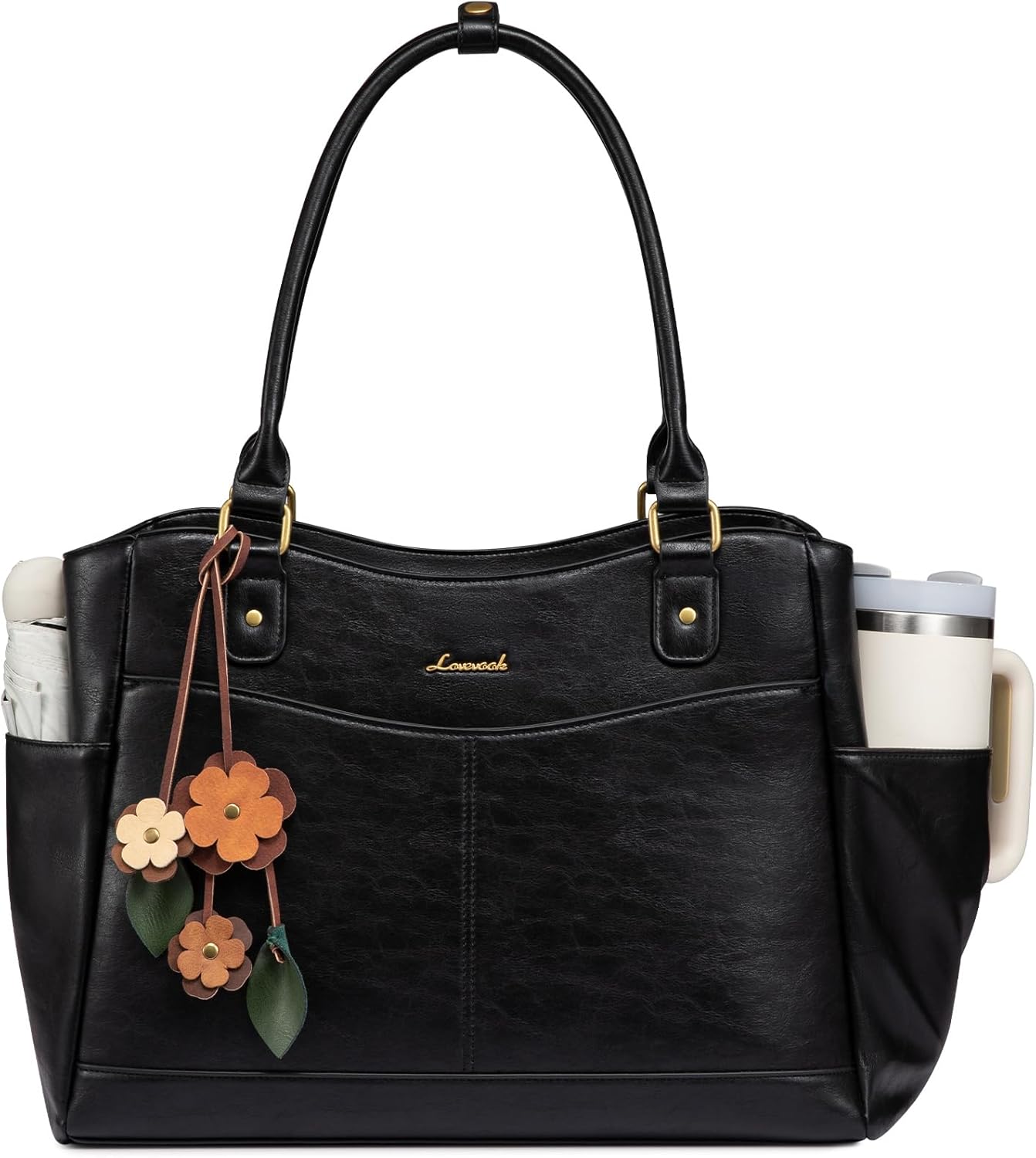 LOVEVOOK Laptop Bag for Women, Leather Vintage Work Tote Bag Computer Office Teacher Bag with Large Cup Holder
