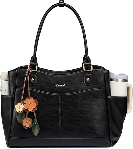 LOVEVOOK Bolsa para portátil para mujer, bolsa de mano vintage de cuero para trabajo, bolsa de computadora para oficina y profesora con portavasos