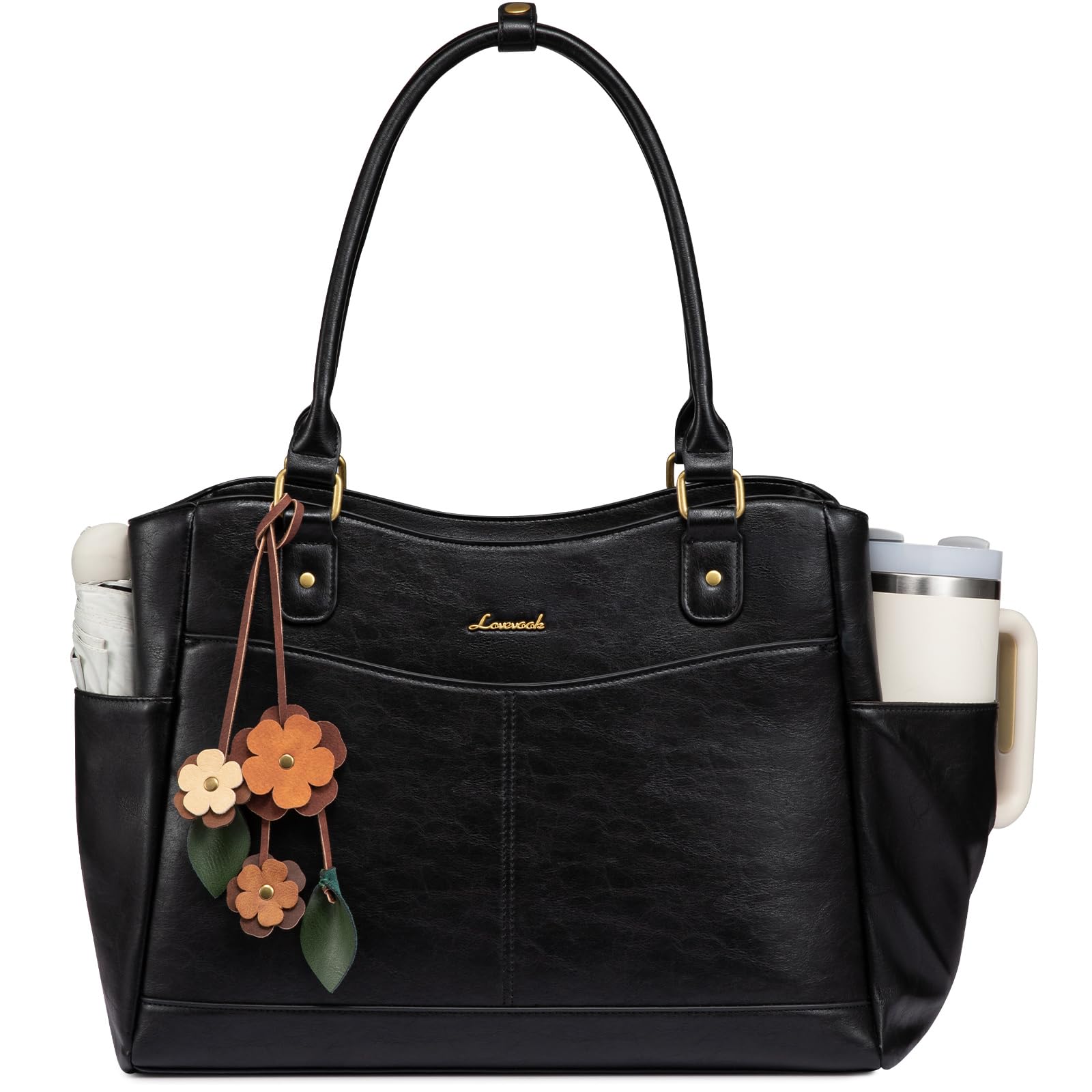 LOVEVOOK Handtasche Damen Laptoptasche 15,6 Zoll, Shopper Tasche Arbeitstasche Groß, Elegant Lehrertasche Tote Bag PU Leder Laptop Taschen Schultasche mit Blumen Anhänger für Büro Uni, Schwarz