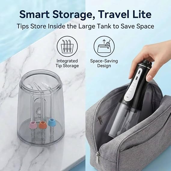 MOCEL Water Dental Flosser Oral Irrigator with 5 Modes, 350ml Cordless Water Teeth Cleaner Pick 6 Tips, IPX7 Waterproof Rechargeable Portable Powerful Battery for Travel & Home Braces & Bridges Care