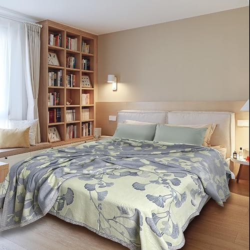 Miniatura 6 de Bifqioy Edredón de hojas de ginkgo tamaño Queen, color verde y gris, reversible, de algodón, para todas las estaciones, manta ligera de muselina