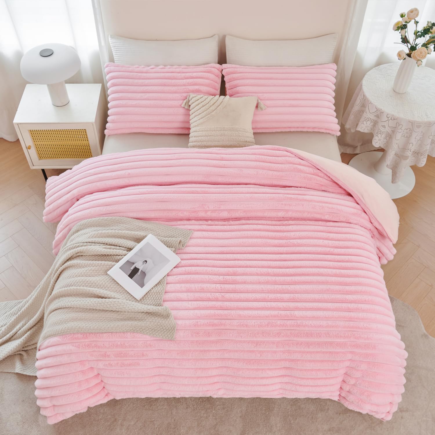 ANGIYUIN Pink Fluffy Duvet Cover Set Twin Size 3 Pieces Plush Shaggy Faux Fur Bedding Cover Set for Girls Kids Teens Furry Comforter Cover Set(Pink Twin) - Image 3