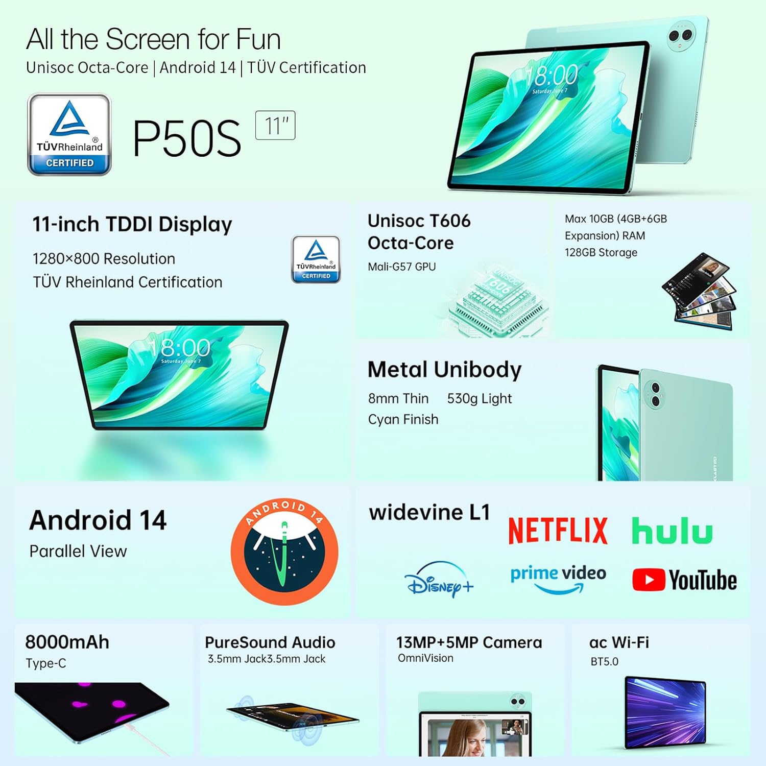 TECLAST P50S Tablet 11 Pollici Android 14 Tablets 2.0GHz Octa-Core, 8000mAh/12GB RAM+128GB ROM/TF 4TB/Widevine L1/GPS/BT5/Tablet con Tastiera+Custodia+Penna+3.5mm Auricolari, 10 Accessori-2025 Newest - Immagine 2