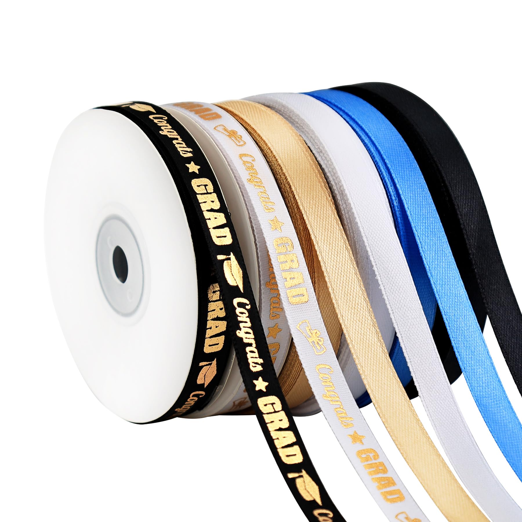 6 Rolls Graduation Ribbon - 3/8 Inch Wide Black Gold Satin Ribbon for Class of 2025 Decorations Gift Wrapping and DIY Crafts