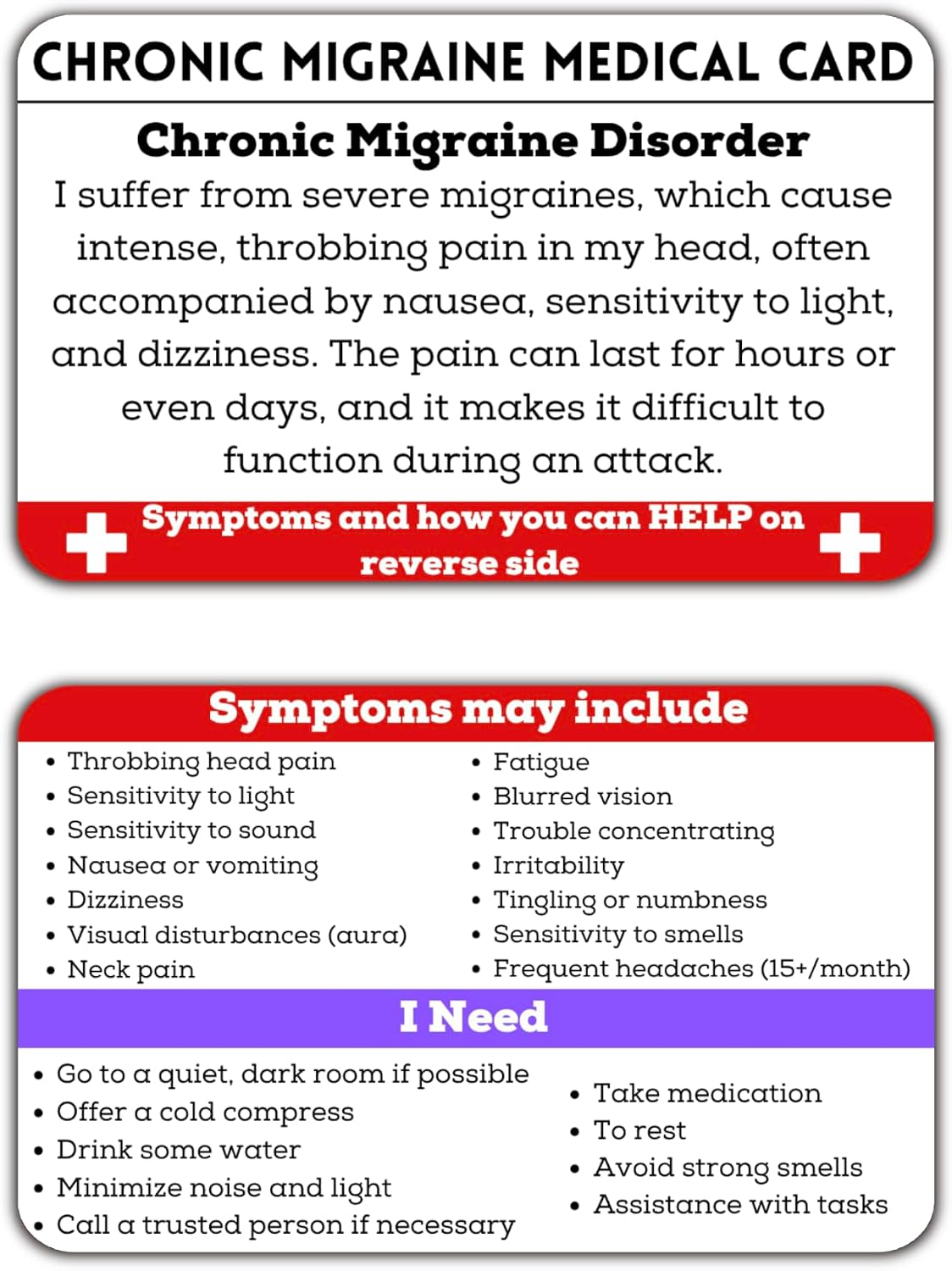 Chronic Migraine Medical ID Card for Wallet or Lanyard