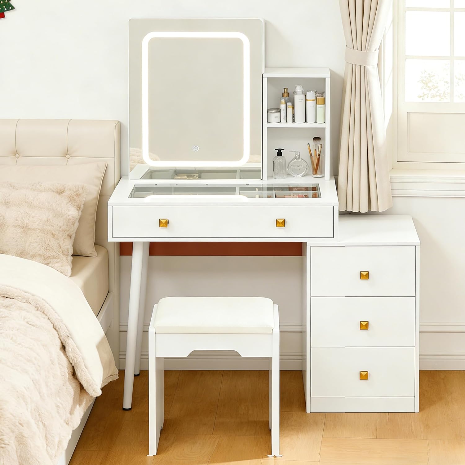 KAMABOKO Vanity Desk with Sliding Mirror and Lights, Makeup Vanity Table with 4 Drawers & Storage Rack &Power Outlet & Stool, White Dressing Table with Glass Transparent Top for Bedroom