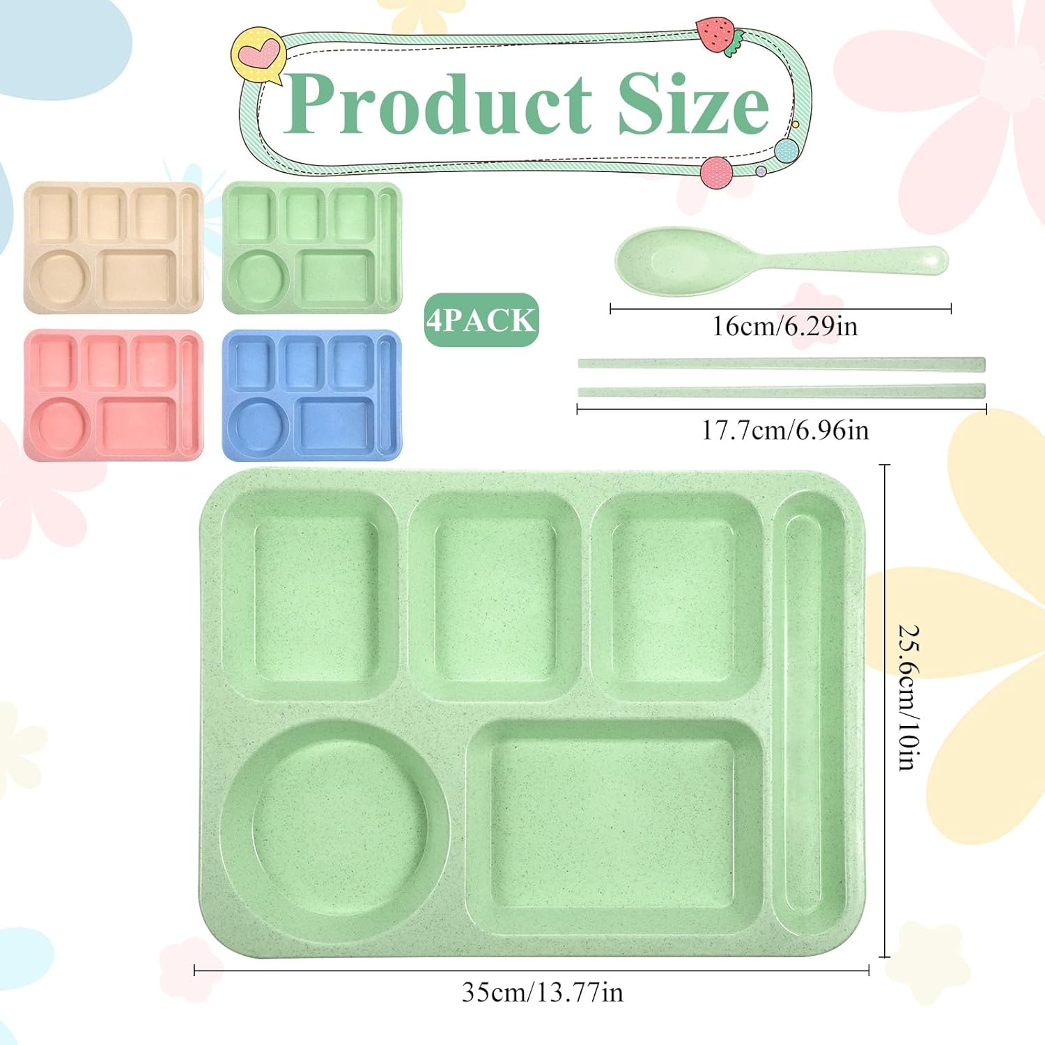 4Pcs Plastic Sectioned Plates Trays Divided Plates for Adults 14 Inch Reusable Wheat Straw Lunch Trays 6 Compartment Unbreakable Portion Control Plate for Dinner Lunch - Image 2