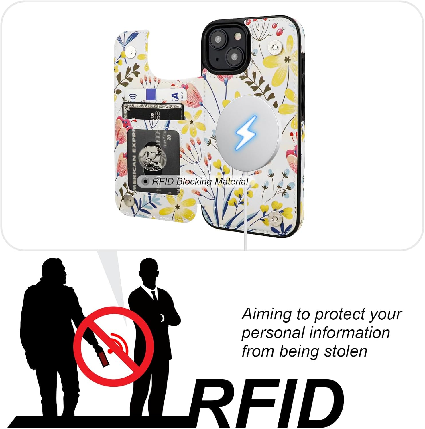 HAOPINSH for iPhone 15 Case Wallet Compatible with MagSafe Wireless Charging, Floral Flower Pattern Back Flip Folio RFID Blocking Leather Kickstand Card Slots Case Double Magnetic Clasp Cover 6.1"