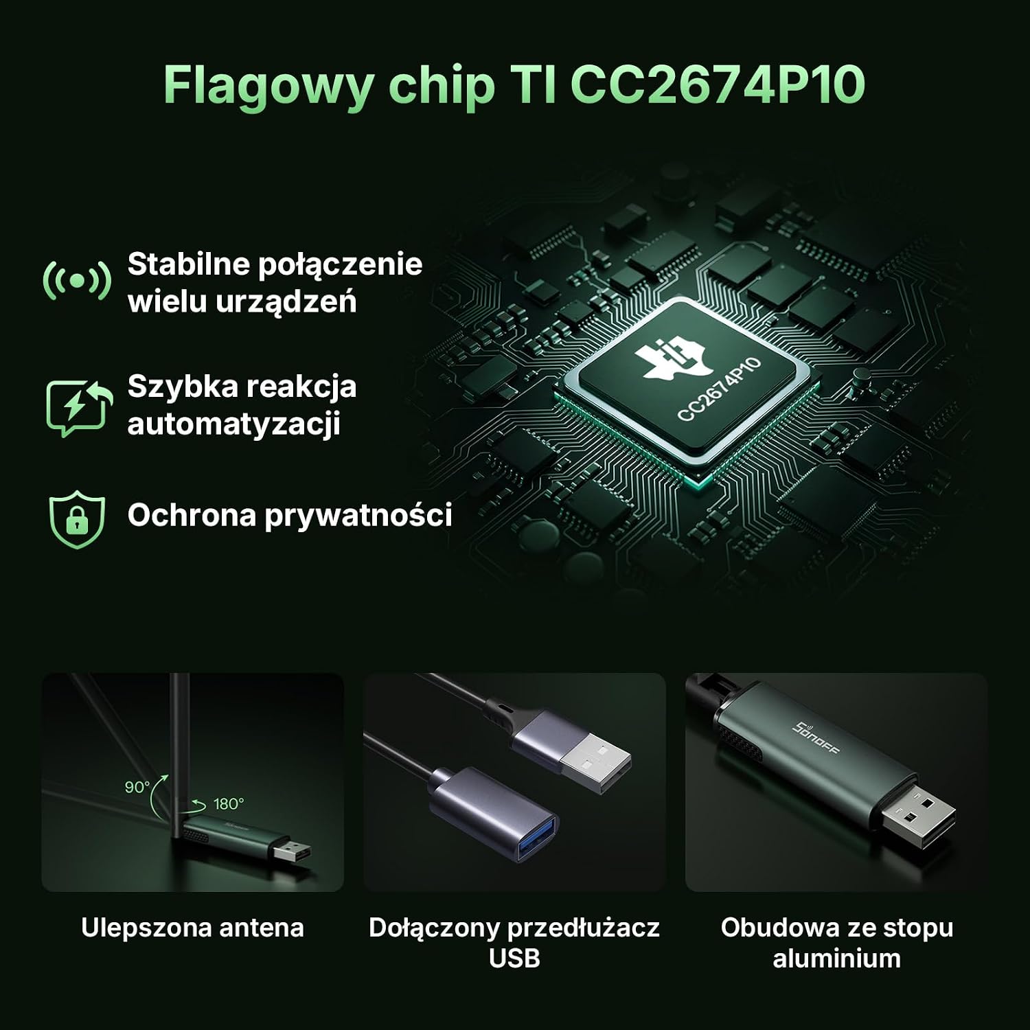 SONOFF Zigbee USB Dongle Plus CC2674P10 (Dongle-PP10) | Zigbee-Gateway & Thread Border Router z chipem TI CC2674P10, Multi-Protokół Open Source ZHA in Home Assistant & Zigbee2MQTT