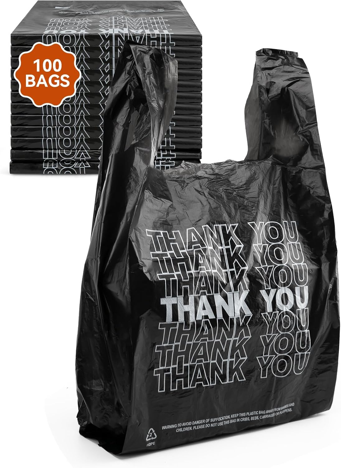 UMT Plastar 100 Count Thank You Bags, 12 x 6 x 22 in, 15 Mic Black Bags | Reliable Carryout and Shopping Bags with Reinforced Handles for Retail, Grocery, Restaurant and Takeout Use