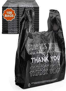 UMT Plastar 100 Count Thank You Bags, 12 x 6 x 22 in, 15 Mic Black Bags