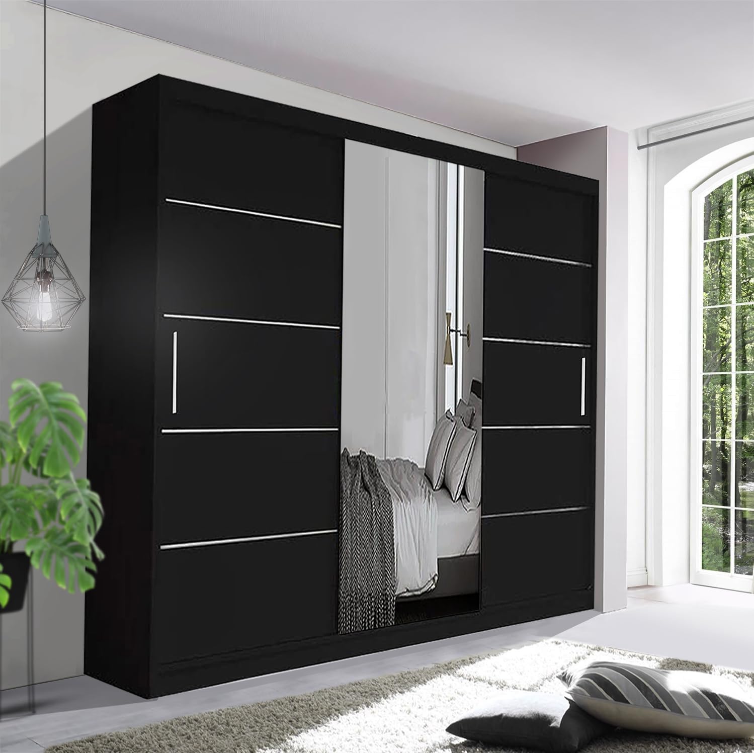 Spacious Bedroom Sliding Wardrobe - Sleek and Functional Design comes in White/Grey/Black/Oak and Width 120cm/150cm/180cm/203cm/250cm (Black, 250cm)