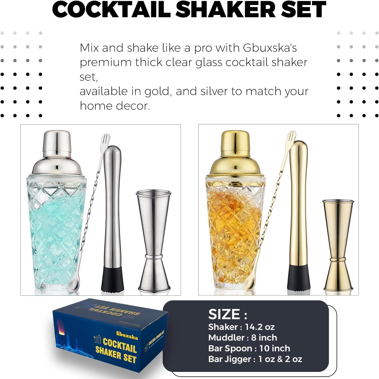 Cocktail Shaker Set with Jigger, Bar Spoon & Muddler