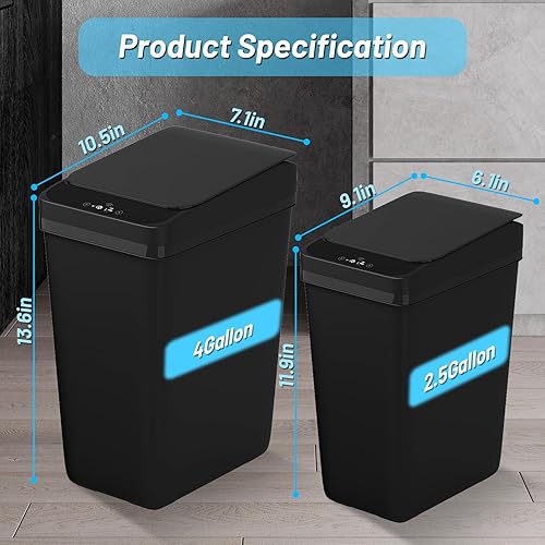 Miniatura 6 de Procade Paquete de 2 cubos de basura para baño sin contacto con tapa, 4 galones y 2.5 galones, cubo de basura automático delgado de plástico,