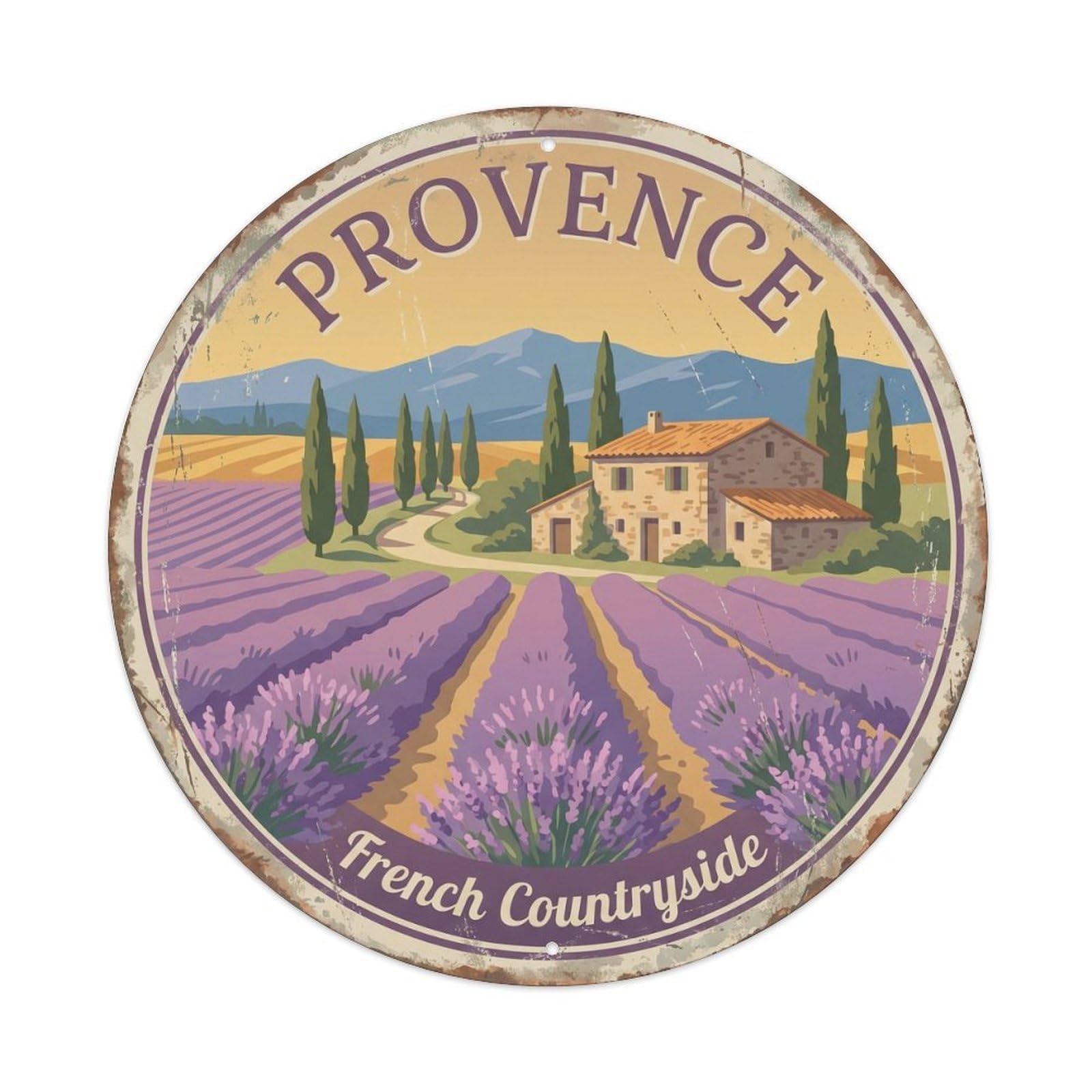 Vintage Travel Lavender Provence Countryside Metal Tin Sign Plaque Wall Decor for Cafe, Club, Garden Round Metal Poster 8x8Inch