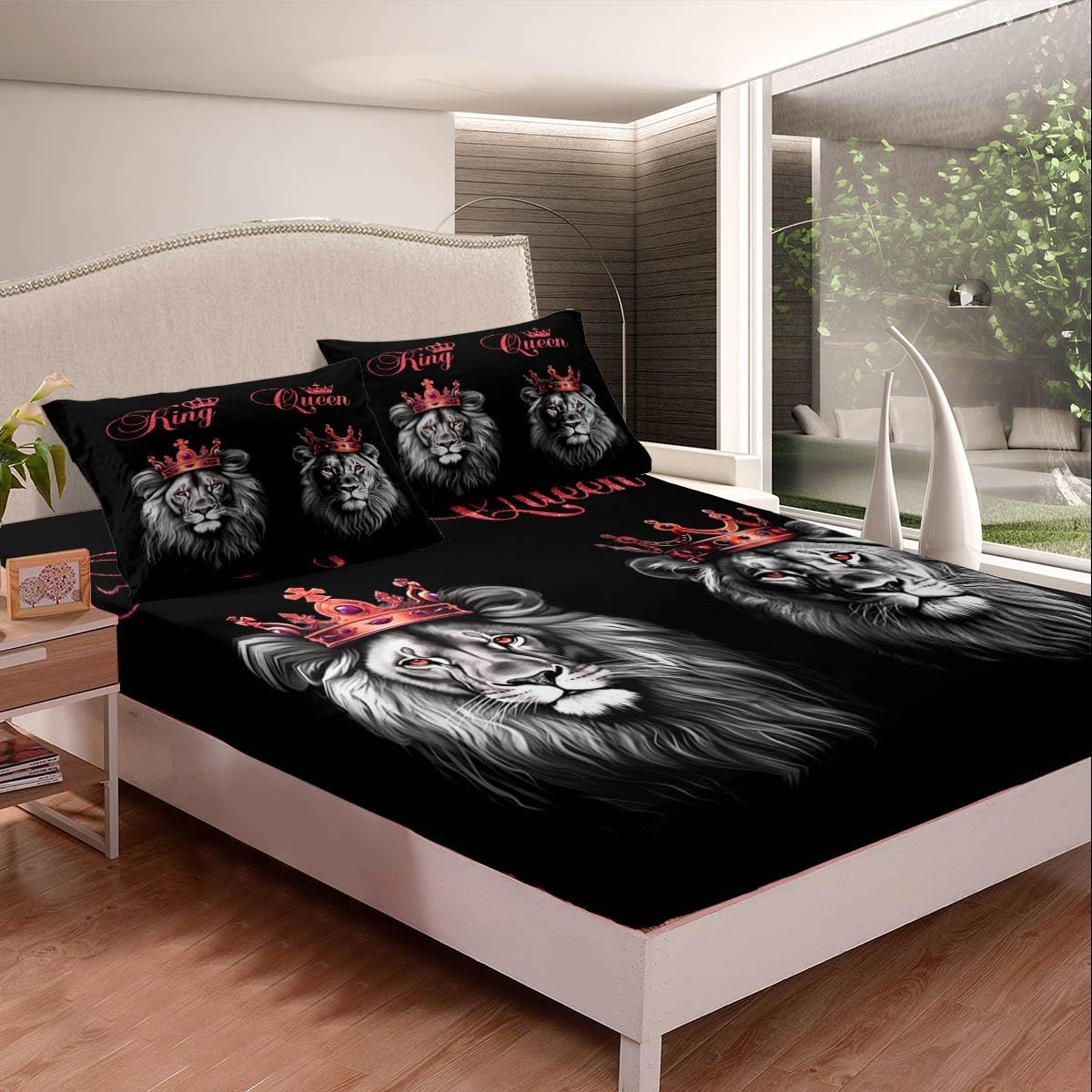 Wild Lion Couple Fitted Sheet Twin Size,King and Queen Red Crown Glitter Mattress Protector with 1 Pillowcase,African Western Animal Cool Black Elastic Deep Pocket Bed Cover,No Flat Sheet