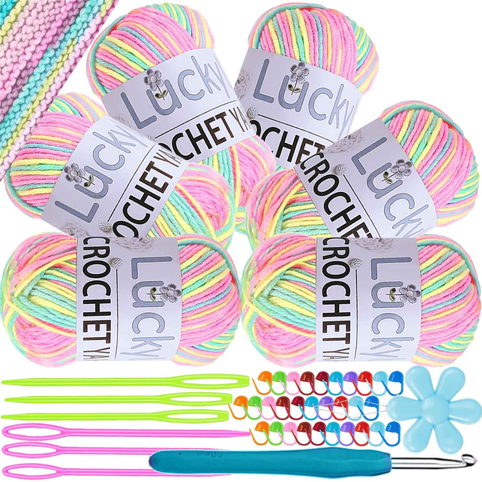 Crochet Yarn Double Knitting Wool (6X50g), Multicoloured Acrylic Yarn Crochet Wool with Aluminum Crochet Hooks Stitch Markers for DIY Craft Blankets Socks Dolls (02 Pink Green Yellow)