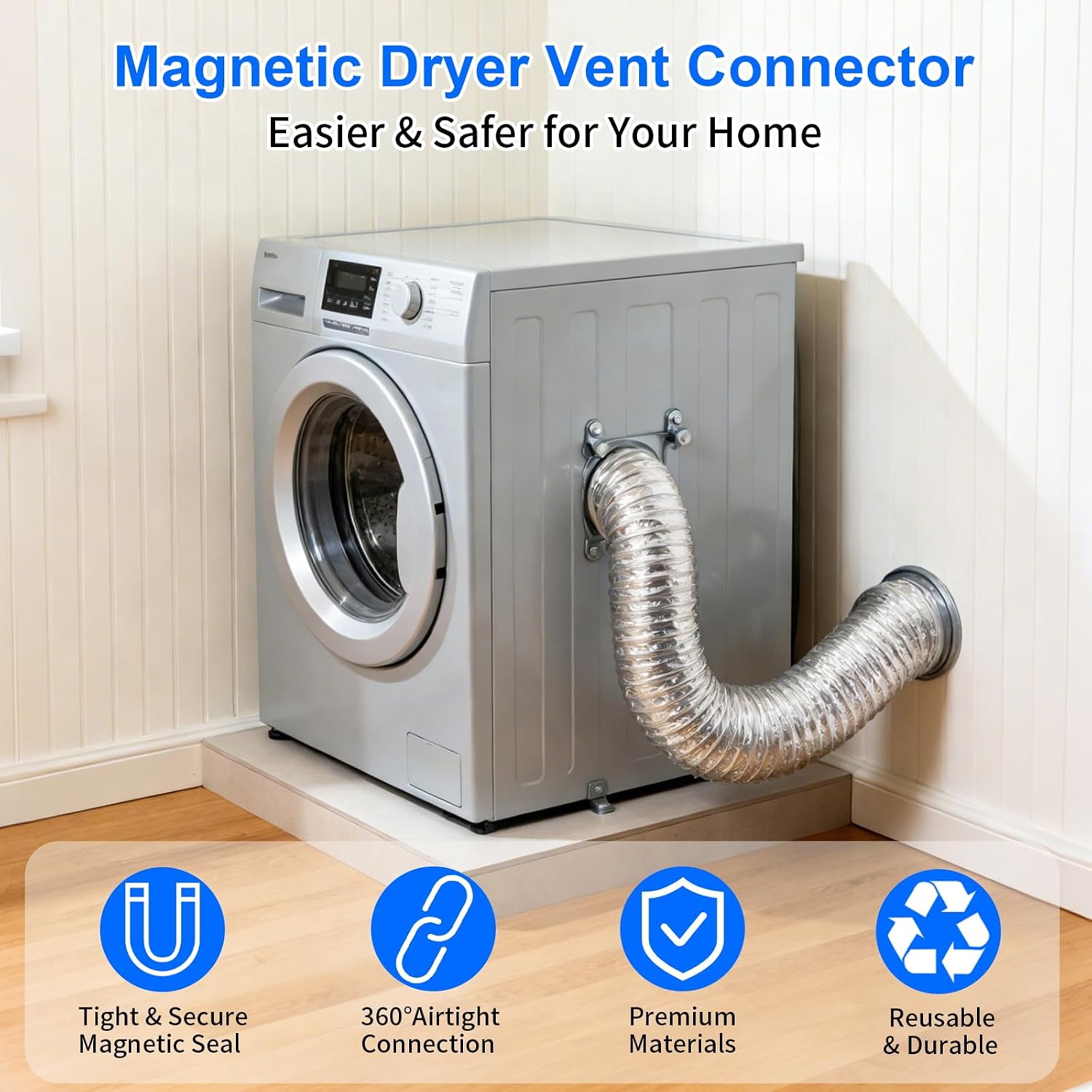 Magnetic Dryer Vent Coupling Connector Kit for 4" Dryers，Airtight Seal Dryer Vent Connector Kit Easy to Clean Quick Connector Disconnection，Including a 4"x3.3ft Duct & two Clamps