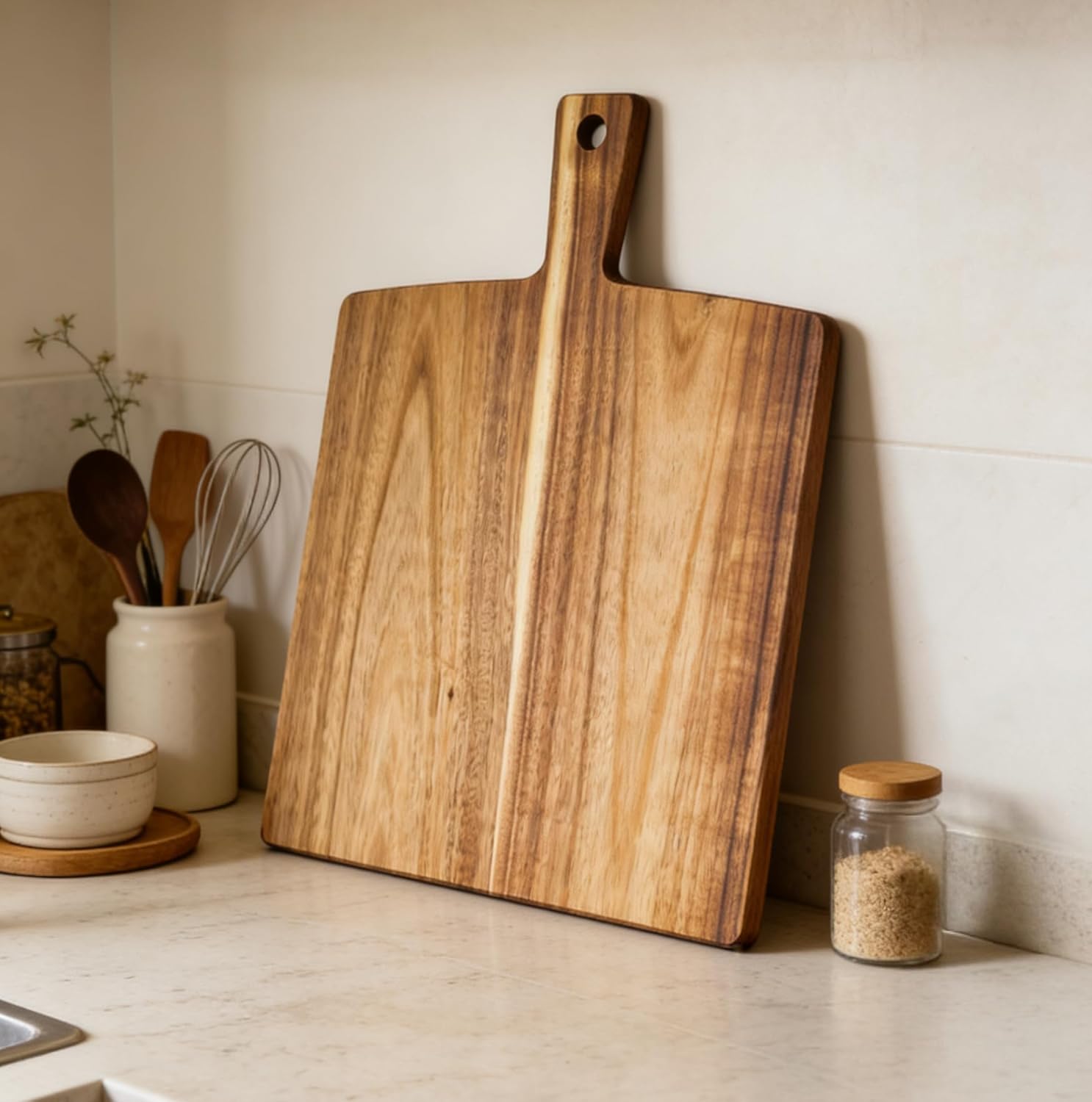 Large Acacia Wood Cutting Board with Handle 17''X13'', Charcuterie Board, Serving Board, Chopping Board for Meat, Cheese, Bread, Vegetables & Fruits (Square)