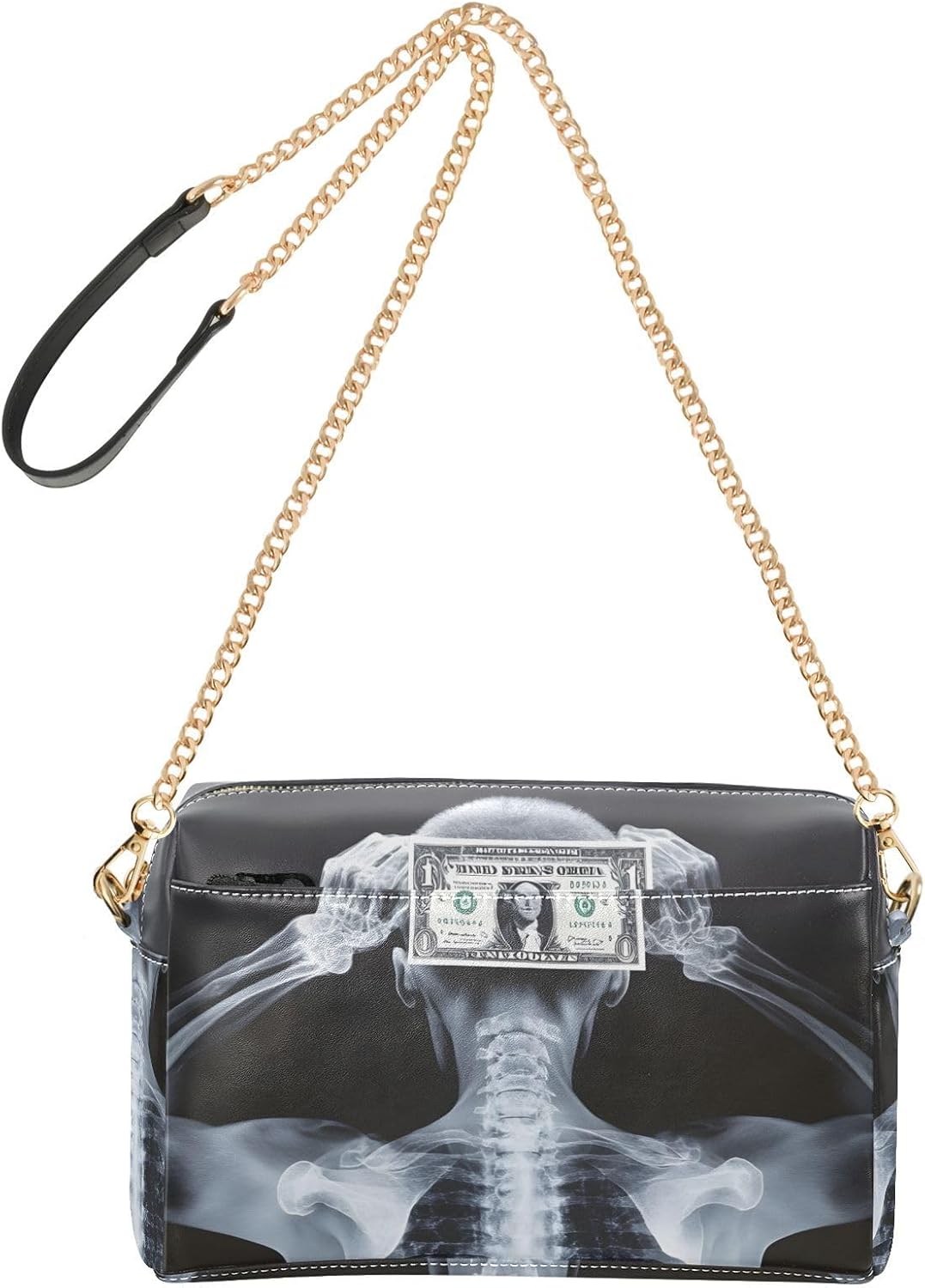 Women Crossbody Bag Shoulder Handbag Cellphone Purse Skeleton Money Print, PU Leather Metal Chain Strap Water Resistant Zipper Closure