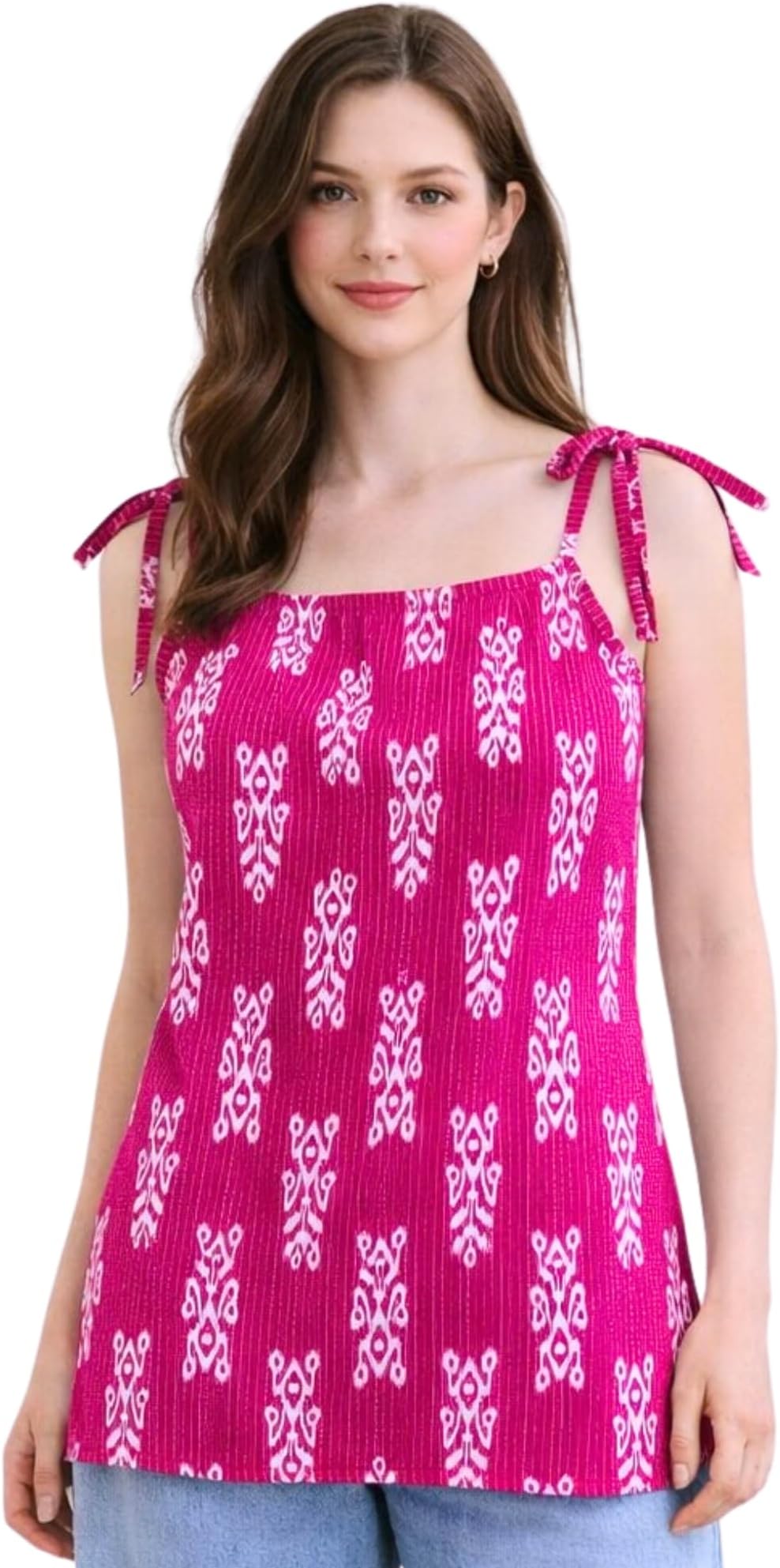 Women Printed Shoulder Tie Short Kurti Top, Sleeveless Straight Fit, Lightweight Breathable Fabric