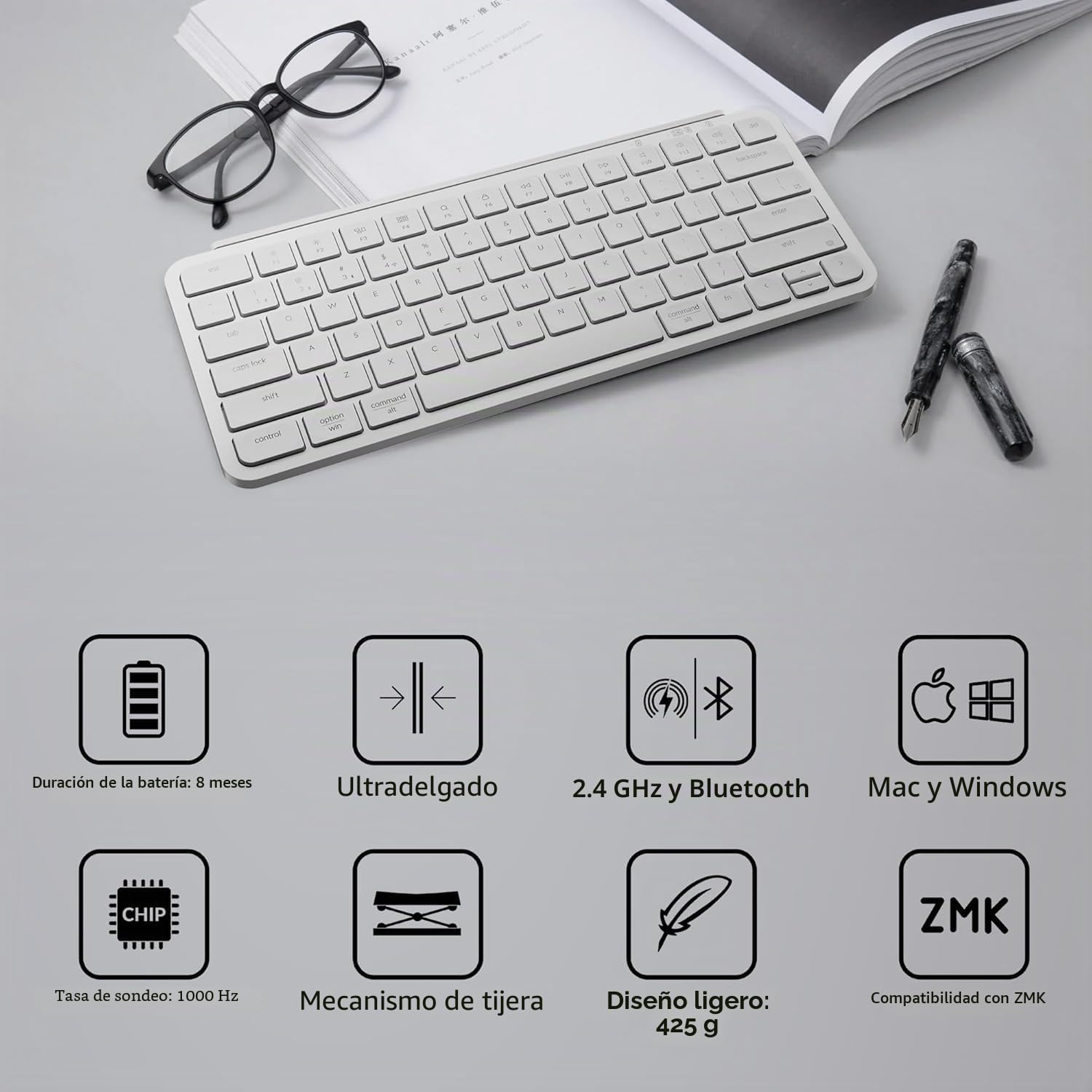Keychron B1 Pro Teclado inalámbrico Ultrafino con personalización ZMK, 3 Modos Bluetooth/2,4 GHz/Cable 425 g Ligero con una batería de Larga duración de 1.200 Horas para Mac/Windows-Blanco Marfil