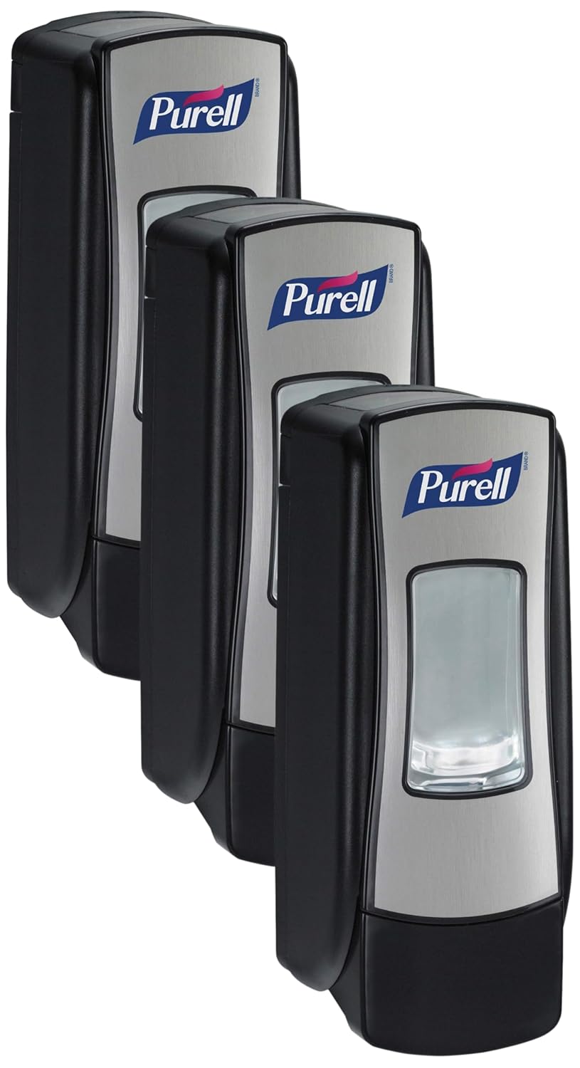 PURELL ADX-7 Push-Style Hand Sanitizer Dispenser, Chrome/Black, for PURELL ADX-7 700 mL Sanitizer Refills (Pack of 3) – 8728-06