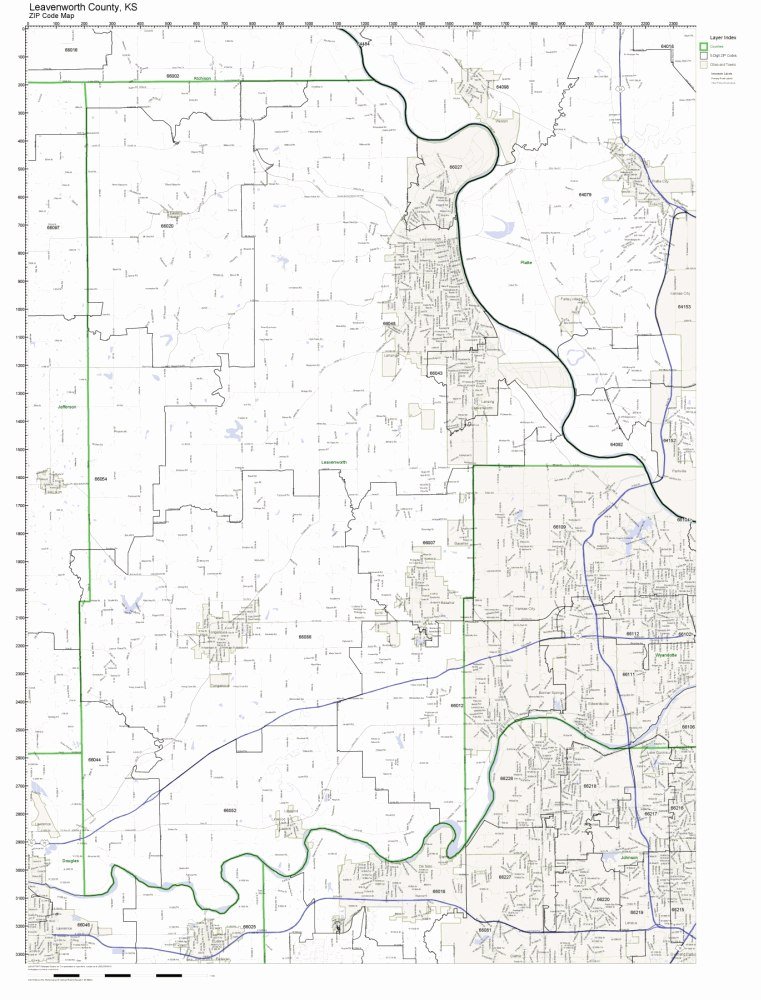 Leavenworth County, Kansas KS ZIP Code Map Not Laminated
