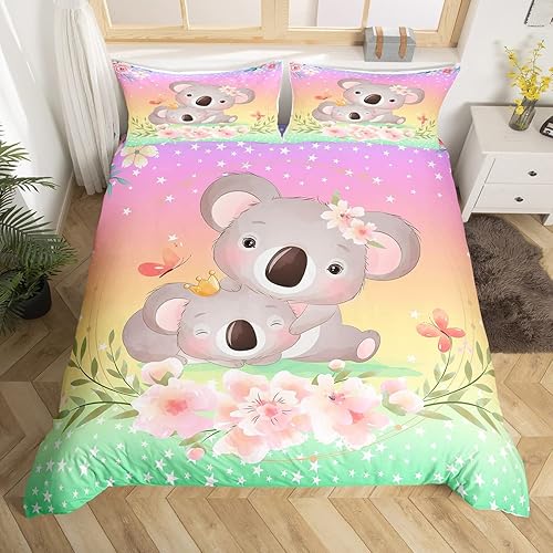 Feelyou Lindo juego de funda de edredón de koala de dibujos animados, juego de ropa de cama para niños y niñas, funda de edredón floral de flores,