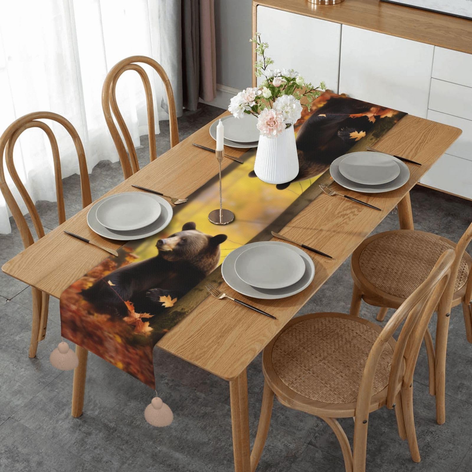 Chemin de table de Noël lin anti-glisse avec pompons pour protéger la table