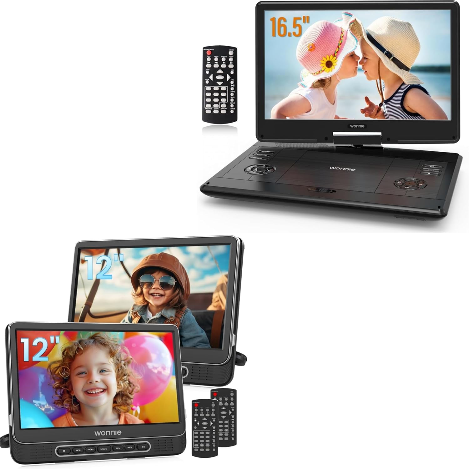 WONNIE 12" Dual Car DVD Players and Portable DVD Player with 14.1" Large HD Swivel Screen Bundle