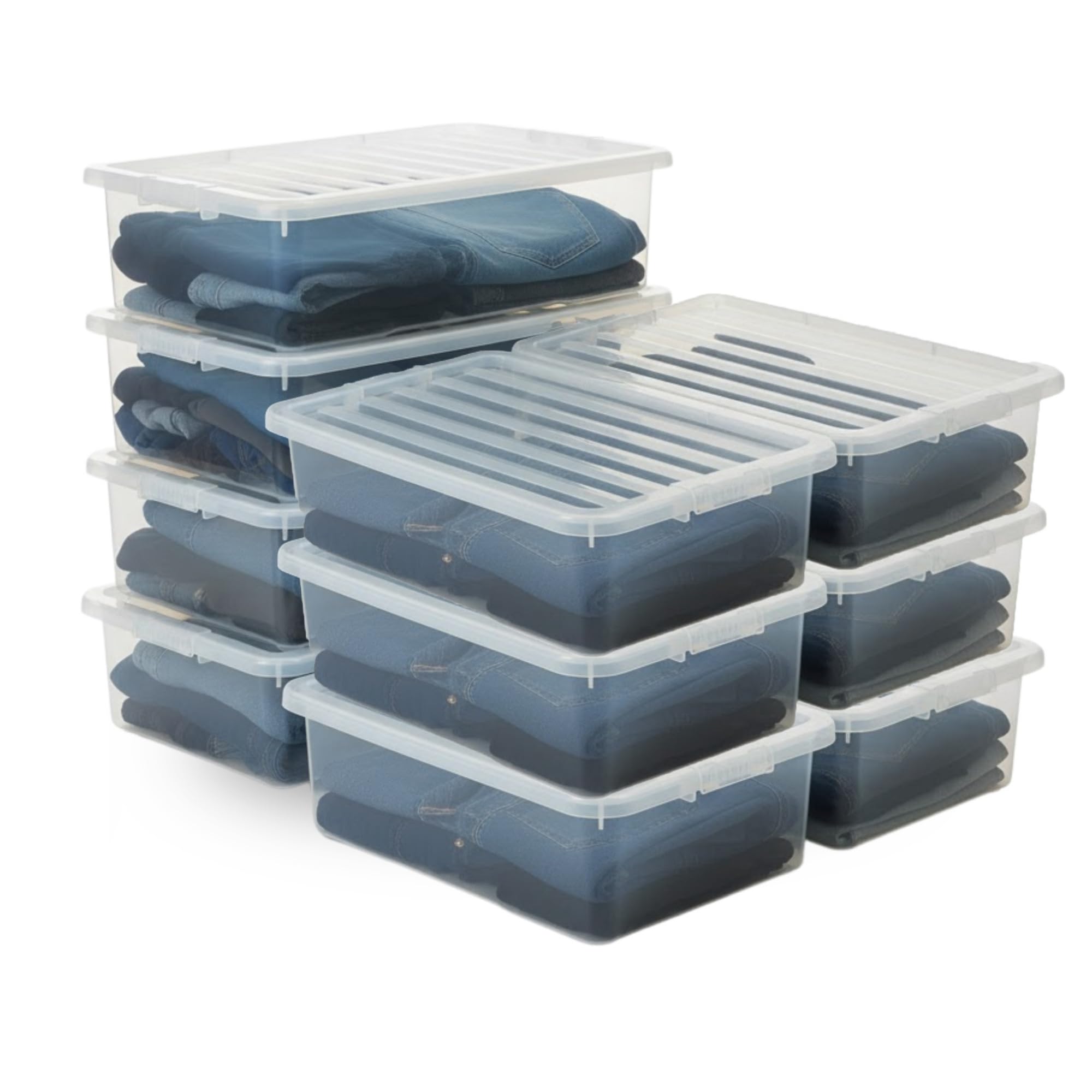 KYY'Z - 32L Under Bed Box with Lid - Clear Plastic Organiser Container - Stackable Storage Solution for Clothes Toys Bedding Multipurpose Bin for Home Office Bedroom Garage - 60 x 40 x 18cm (10)