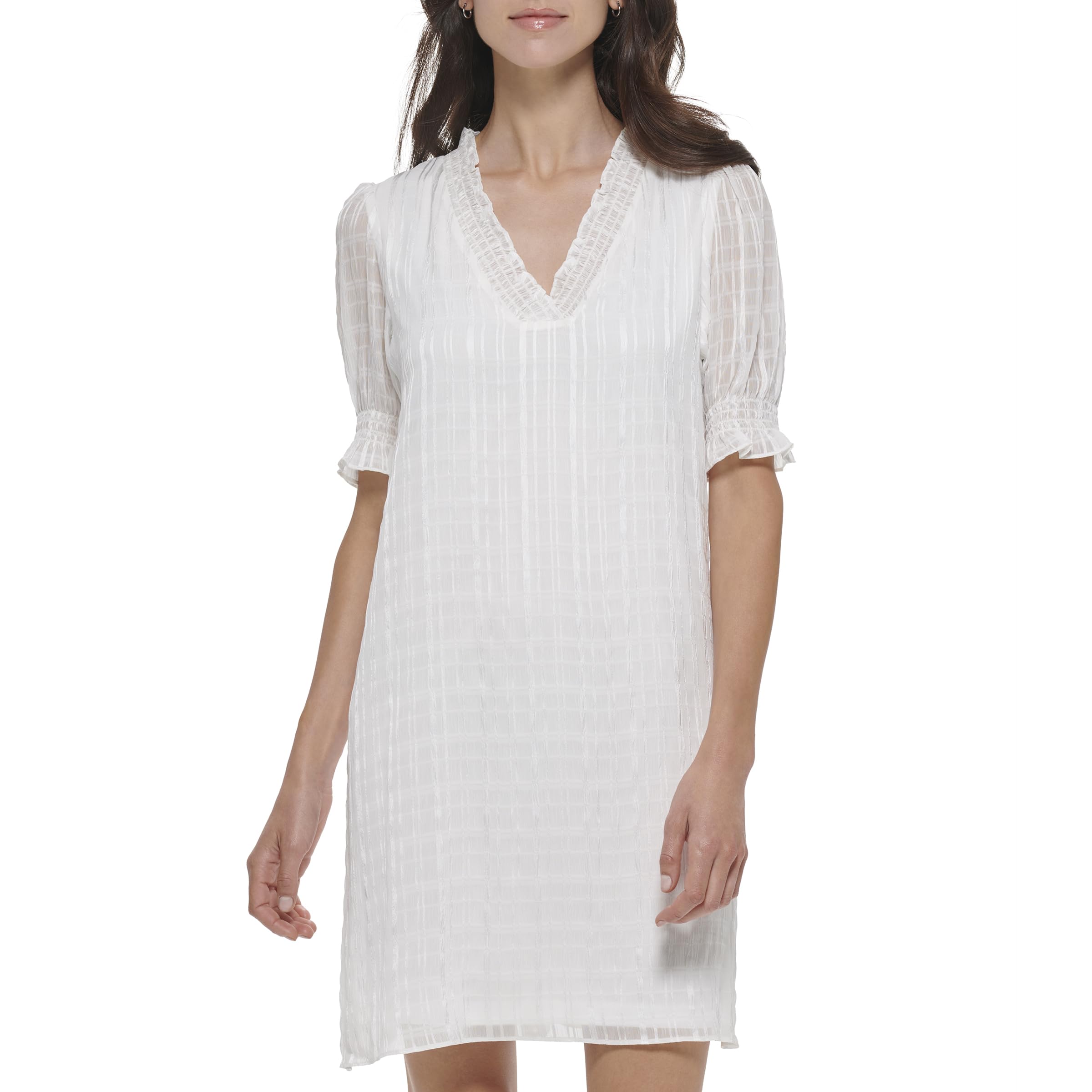 DKNY Casual Smocked Sleeve Vneck Dress Vestido Mujer