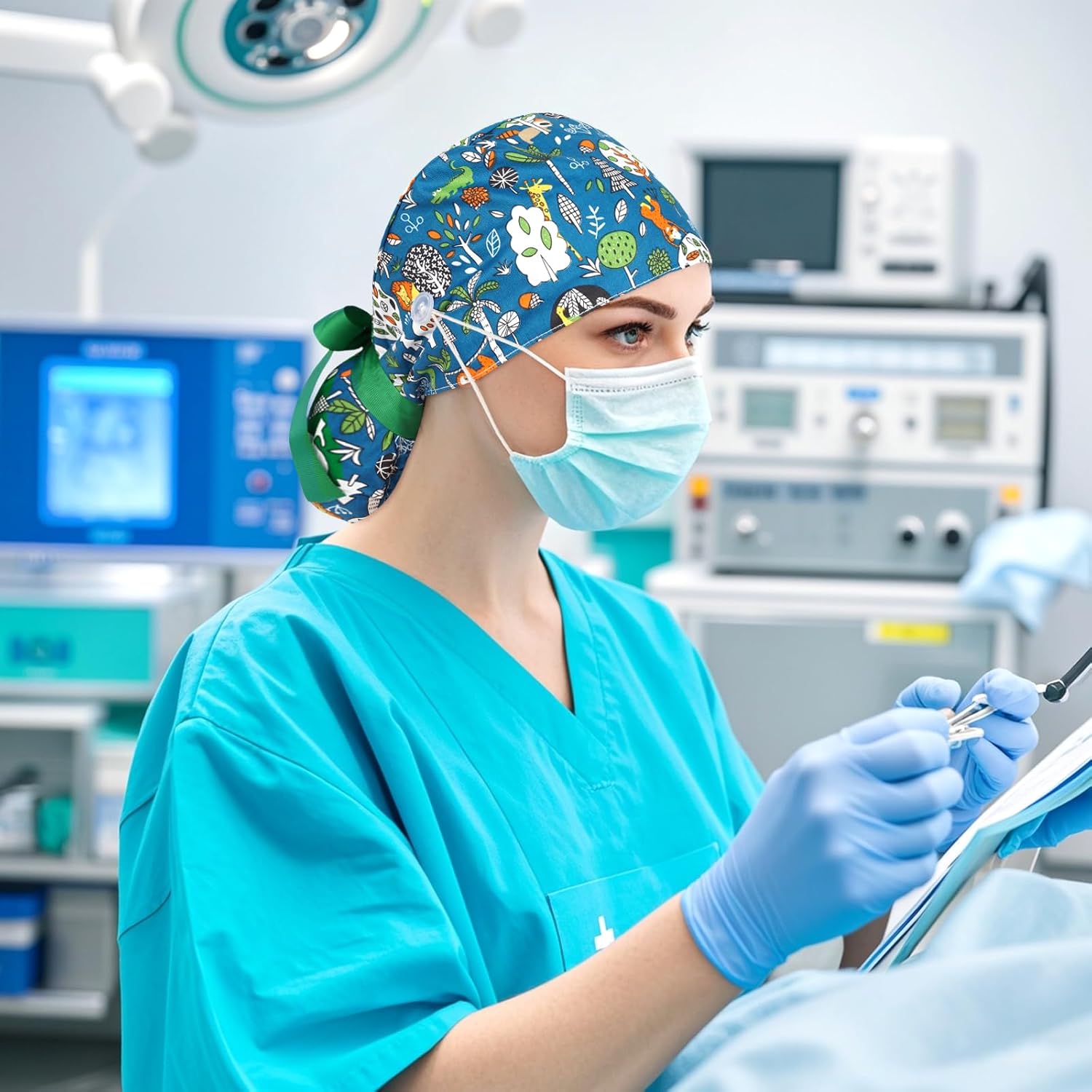 FADACHY Scrub Caps Women,Ponytail Holder Working Cap with Buttons Ribbon Tie for Laies,Surgical Nurse Cap Long Hair