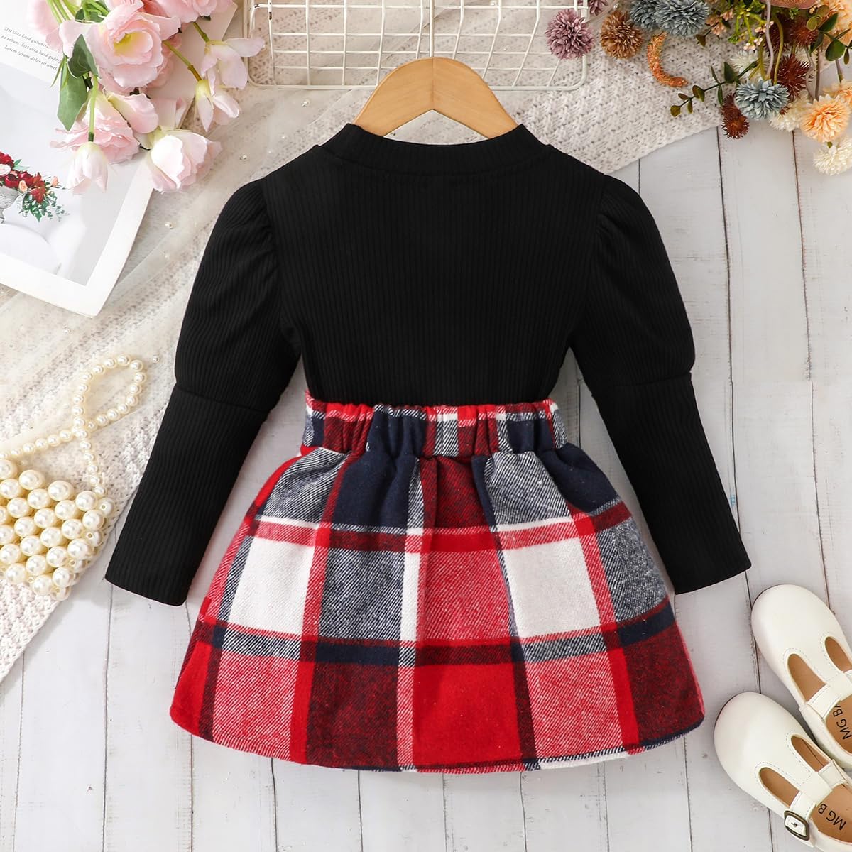 Noubeau Girl Skirt Sets Toddler Plaid Outfits Puff Sleeve Top Plaid Mini Skirt Kids Fall Winter Clothes
