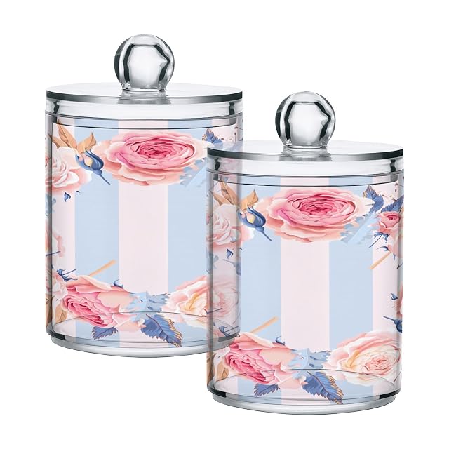 Vintage-rose-print Restroom Bathroom Organizers with Lid Qtip Holder Dispenser Apothecary Jars Cotton Balls Pads Swabs Holder Jar 4