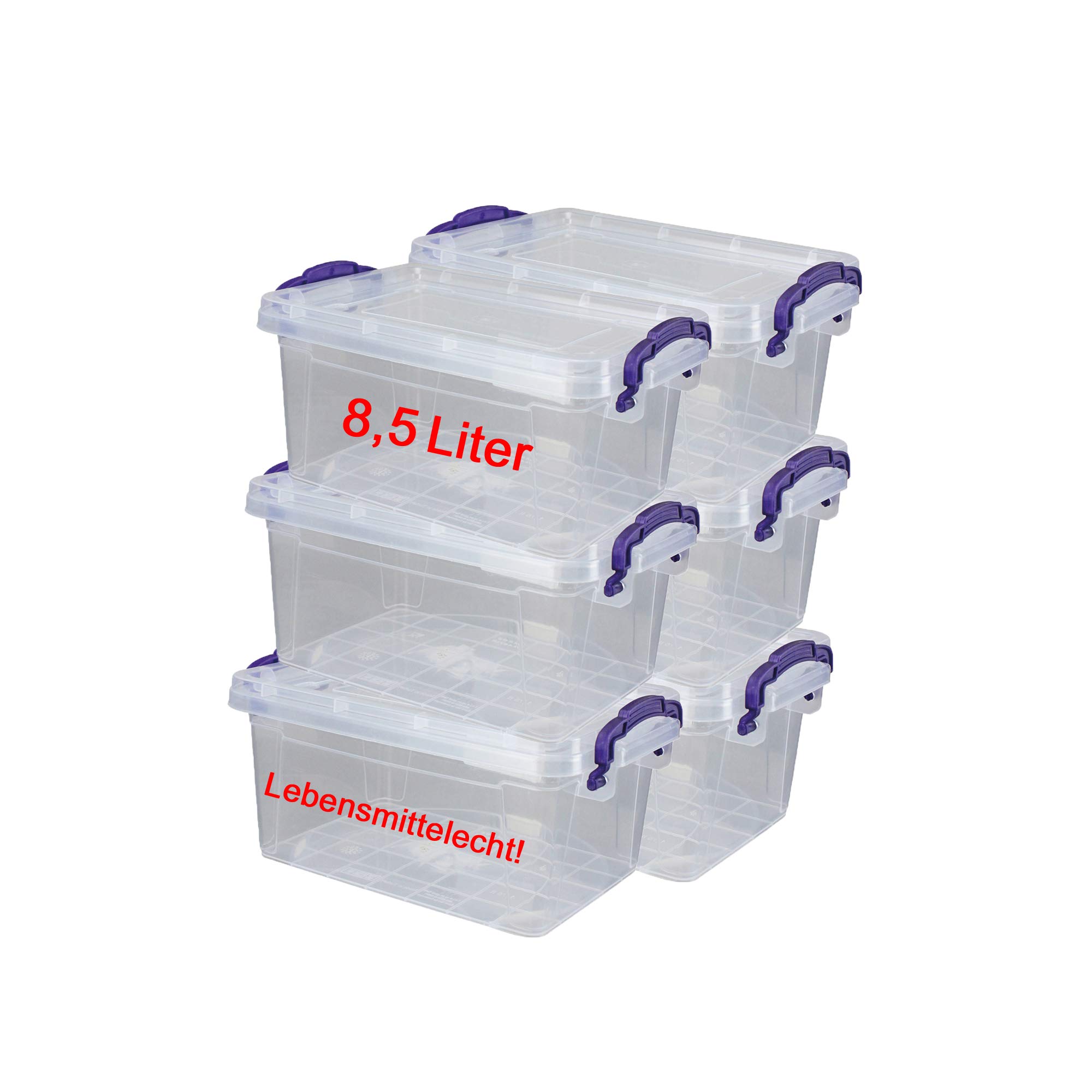 DIES&DAS 6er Set stapelbare Aufbewahrunsboxen Lagerboxen mit Deckel/Klickverschluss u. Griffen - 8,5 L Lebensmittelecht