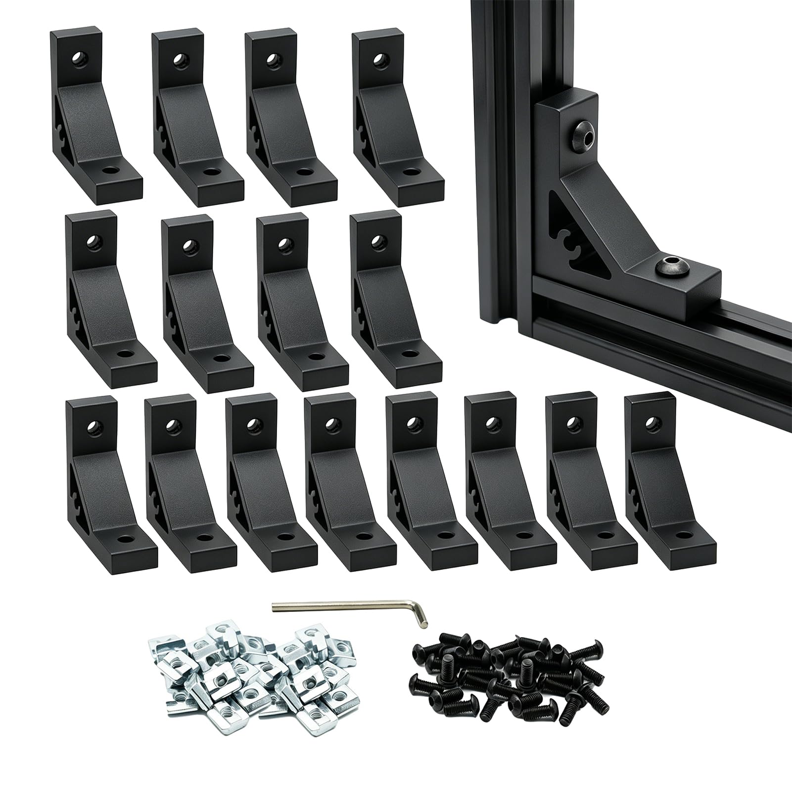 Iverntech Eckwinkel für 2020 Aluminium-Extrusion, 20er-Serie, Aluminiumprofil, 2-Loch-Inneneckwinkel mit 32 M5-Schrauben + 32 T-Muttern + 1 Schraubenschlüssel, Schwarz, 16 Stück