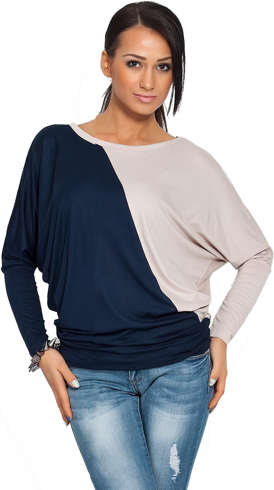 FUTURO FASHION Women's Batwing Top Color Block Long Sleeve Kimono Style 6042